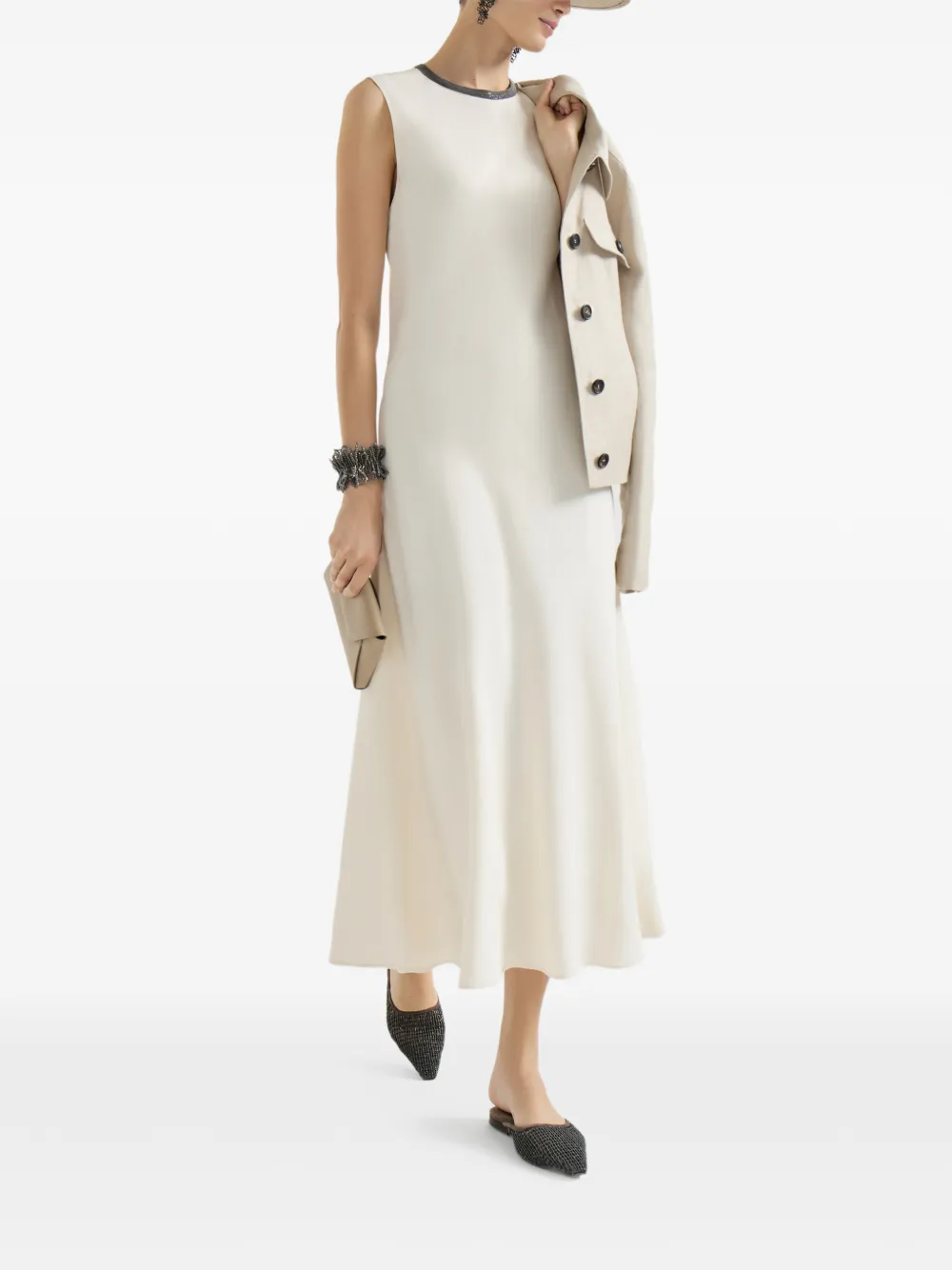 Brunello Cucinelli beaded twill midi dress - Beige