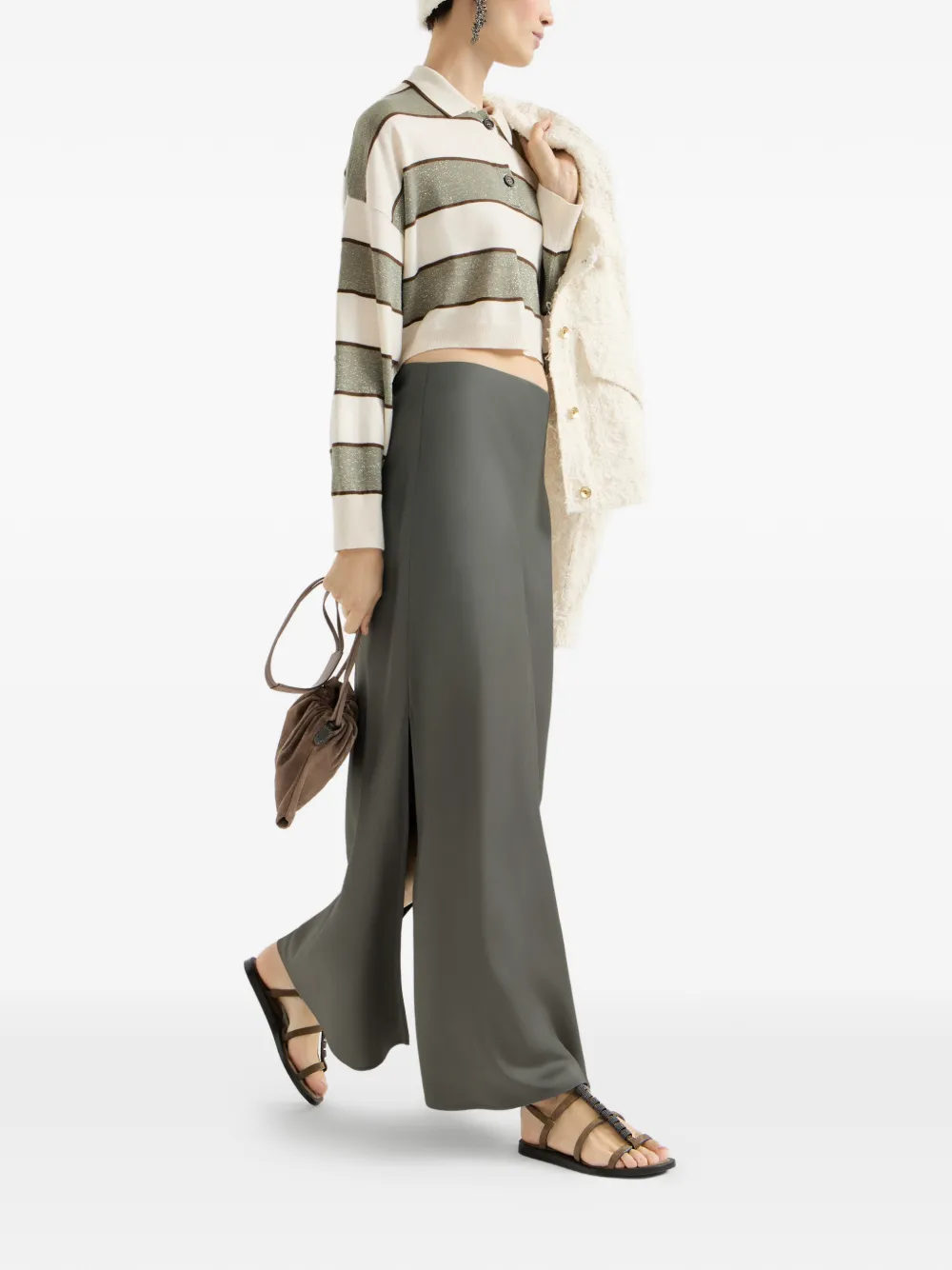 Brunello Cucinelli Side-slit Midi Skirt In Gray