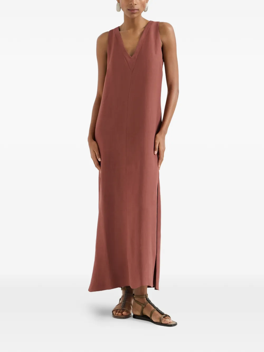 Brunello Cucinelli Midi-jurk met V-hals en monilidetail - Oranje