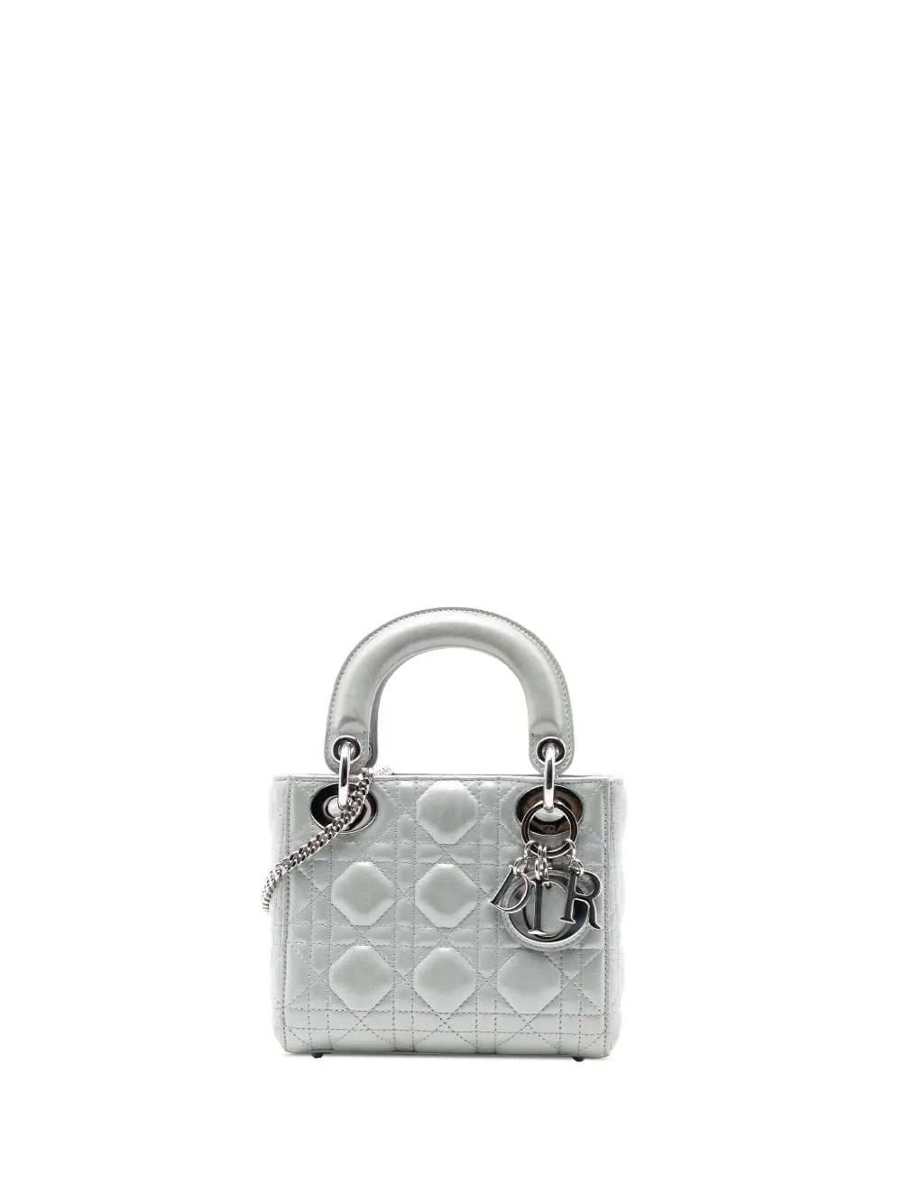 Pre-owned Dior 2016 Mini Iridescent Lambskin Cannage Lady  Satchel In Silver