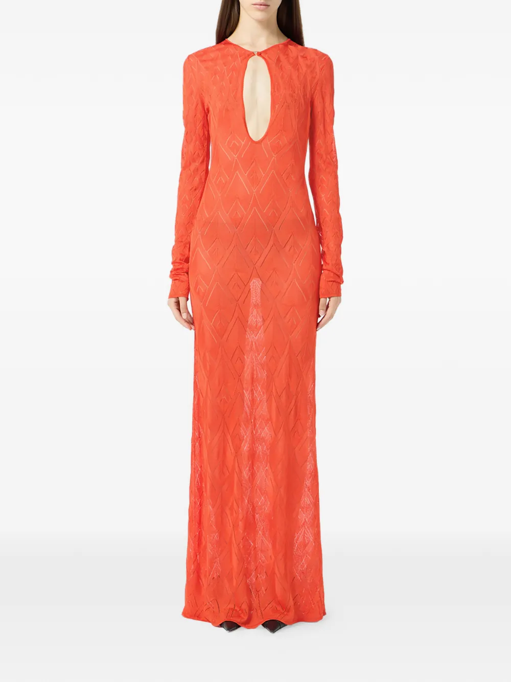 Blumarine Geometric Open-knit Maxi Dress In Burgundy