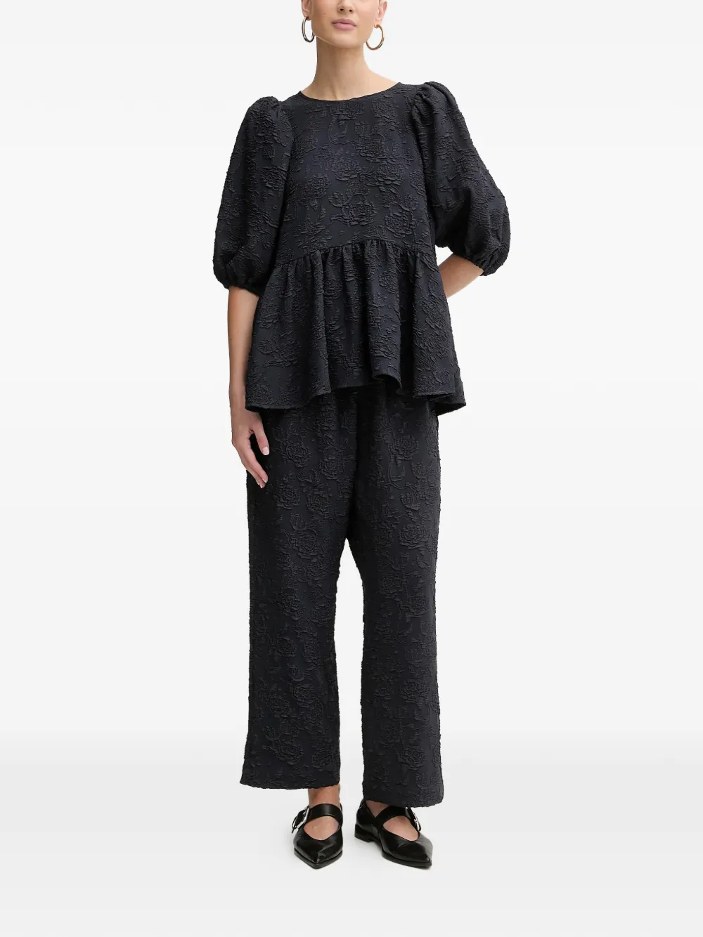 Stine Goya puffed-sleeve floral-effect top - Blauw