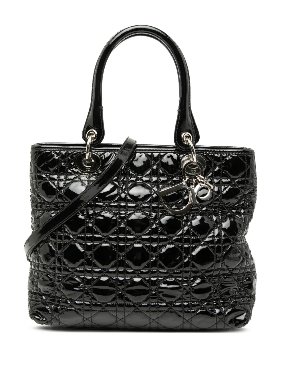 Christian Dior Pre-Owned Borsa a tracolla Lady Dior media con finitura lucida e motivo Cannage 2010 - Nero