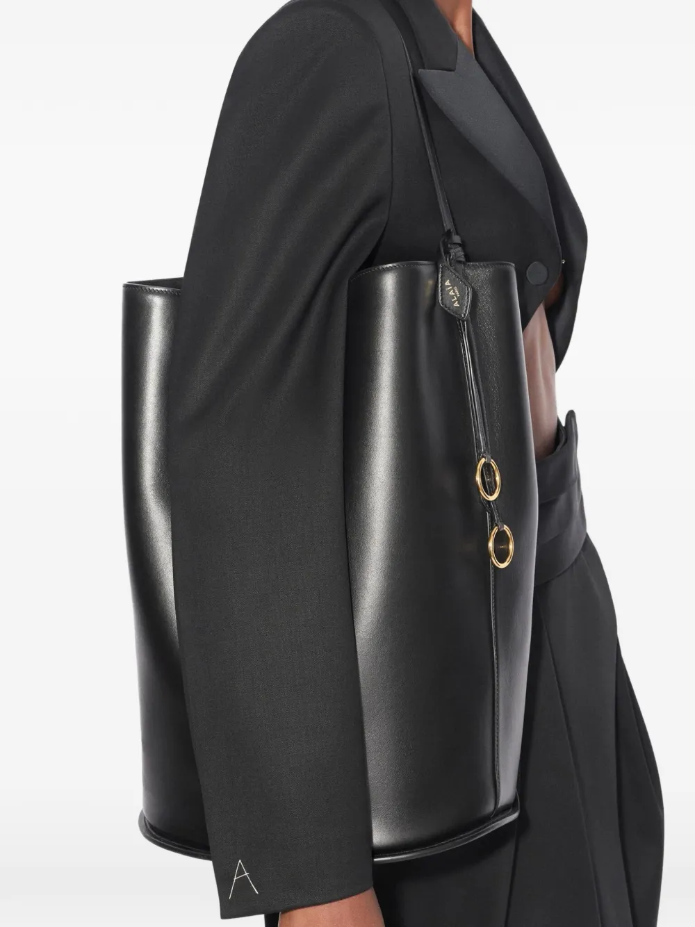 Ring-Detail Black Bucket Bag