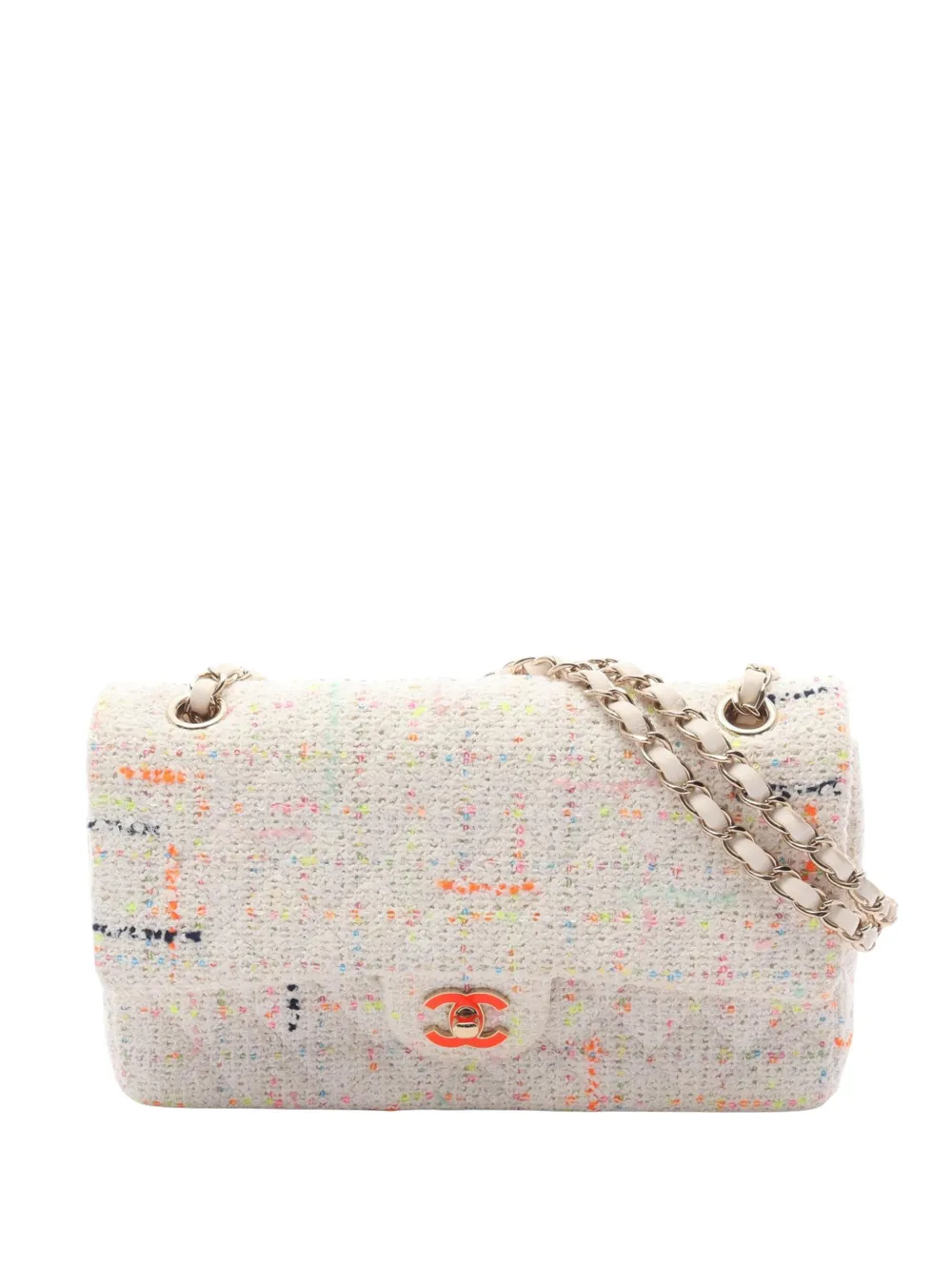 Pre-owned Chanel 2021-2025 Medium Classic Tweed Double Flap Crossbody Bag In White