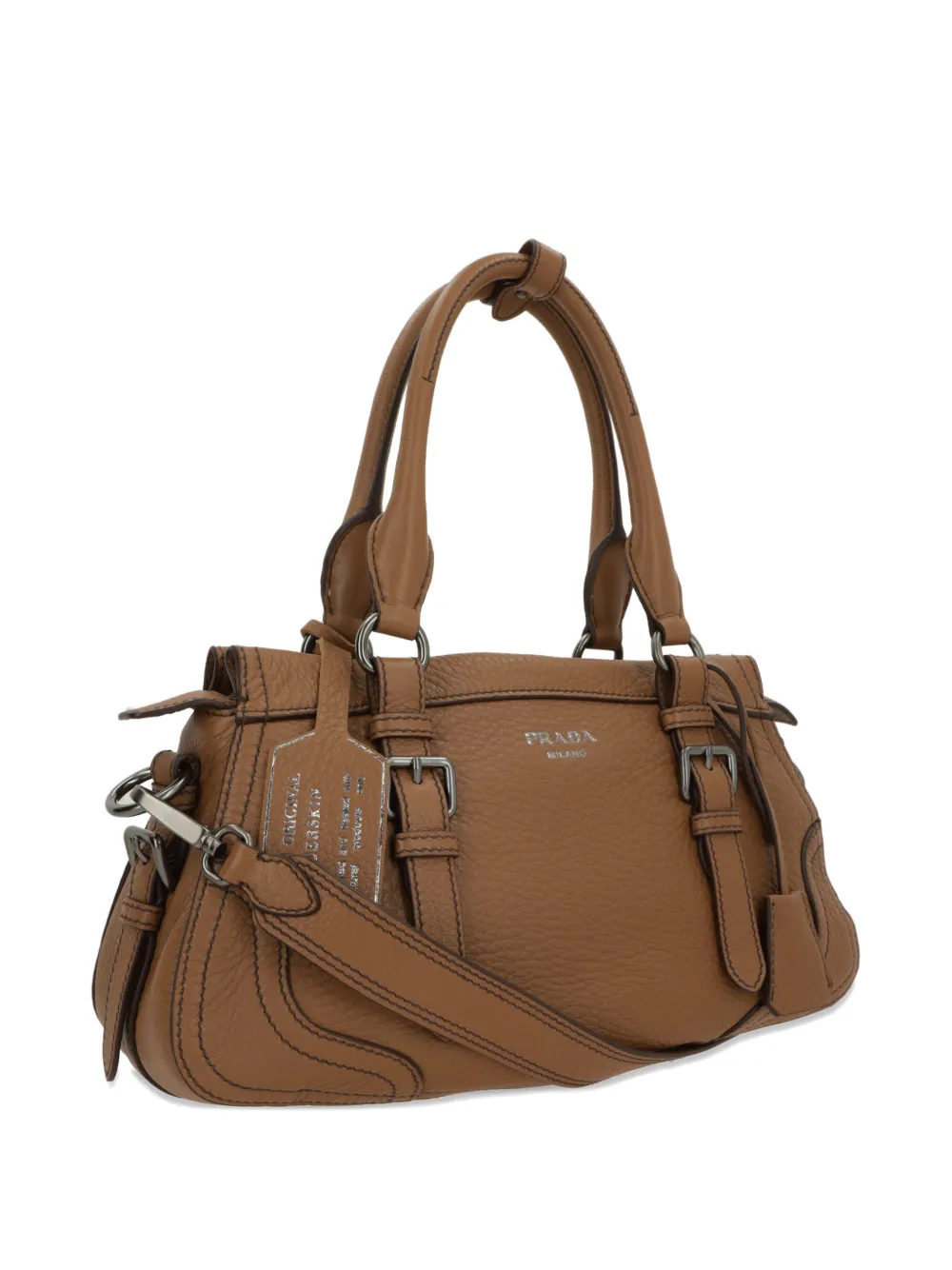  Prada Buckle Leather Tote Bag - Brown 