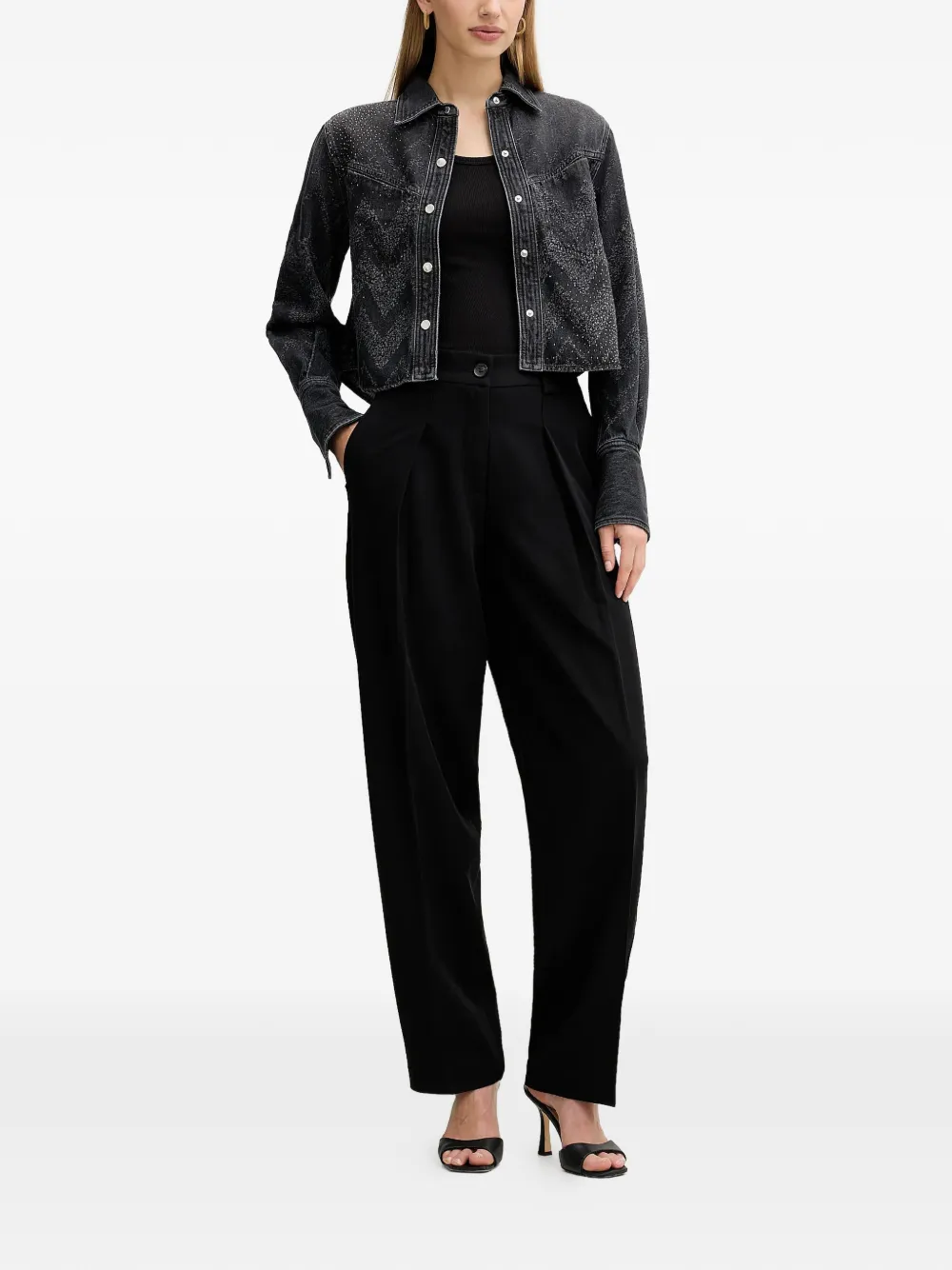 BOSS crystal-embellished denim shirt - Zwart