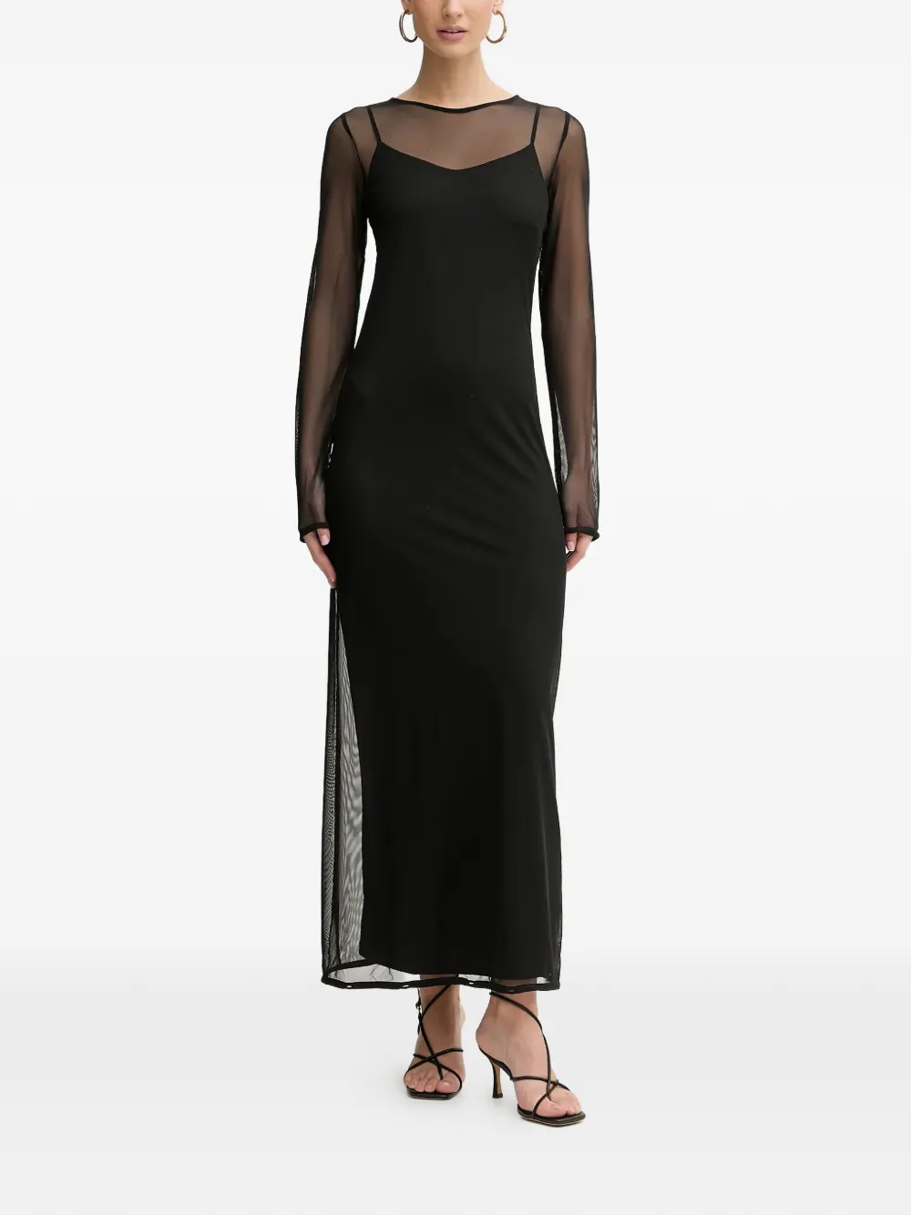 NEVER FULLY DRESSED feather-trim long-sleeve maxi dress - Zwart