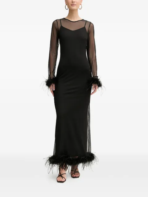 NEVER FULLY DRESSED feather-trim long-sleeve maxi dress