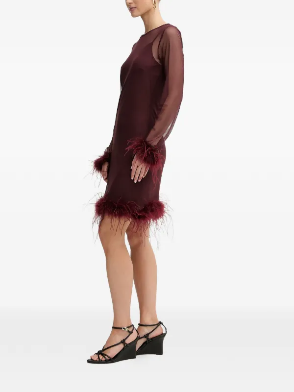 feather trim dress red Red Embellished One Shoulder Feather Trim Dress KAOriginals