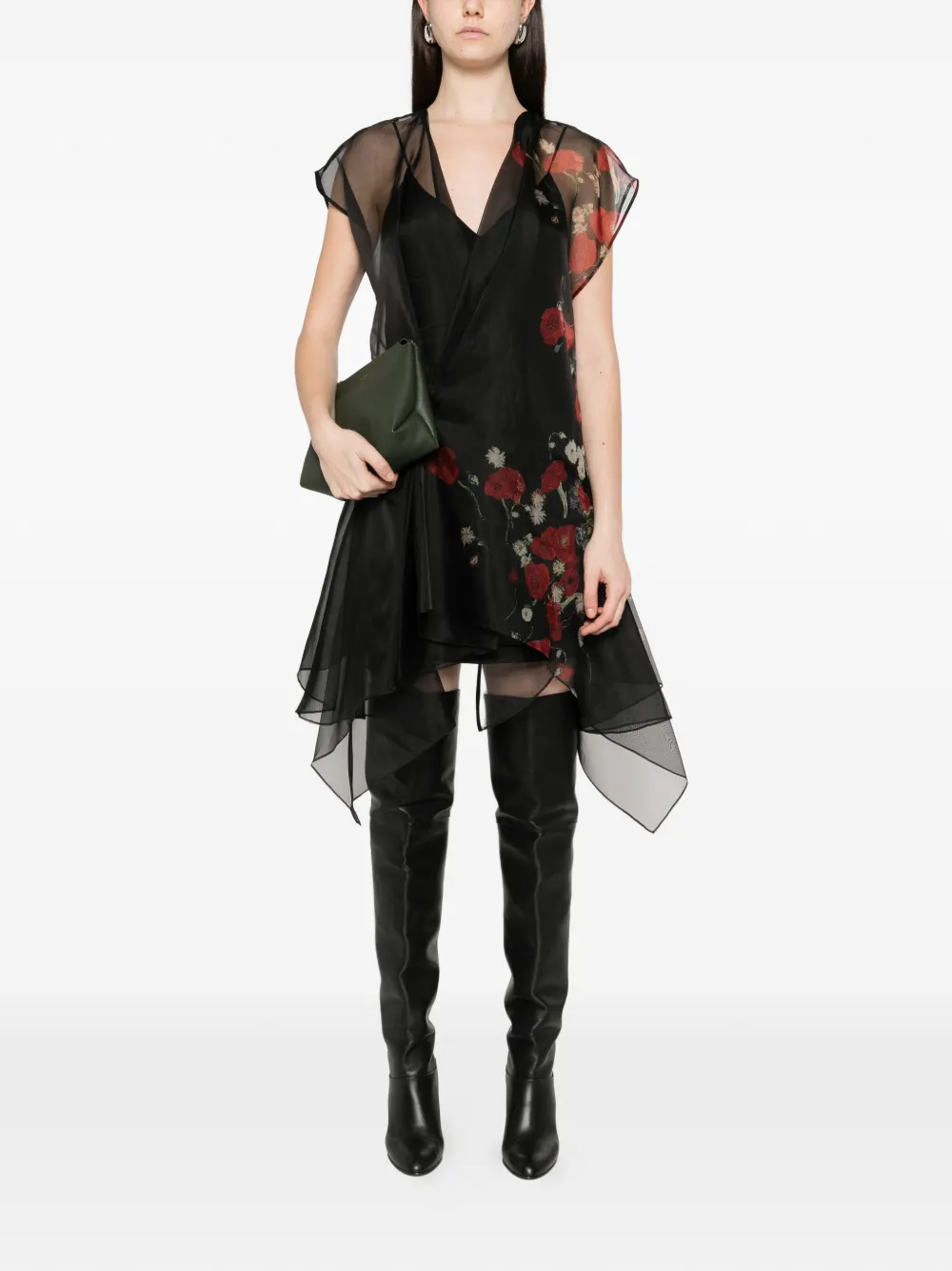 KHAITE floral-print V-neck mini dress - Zwart