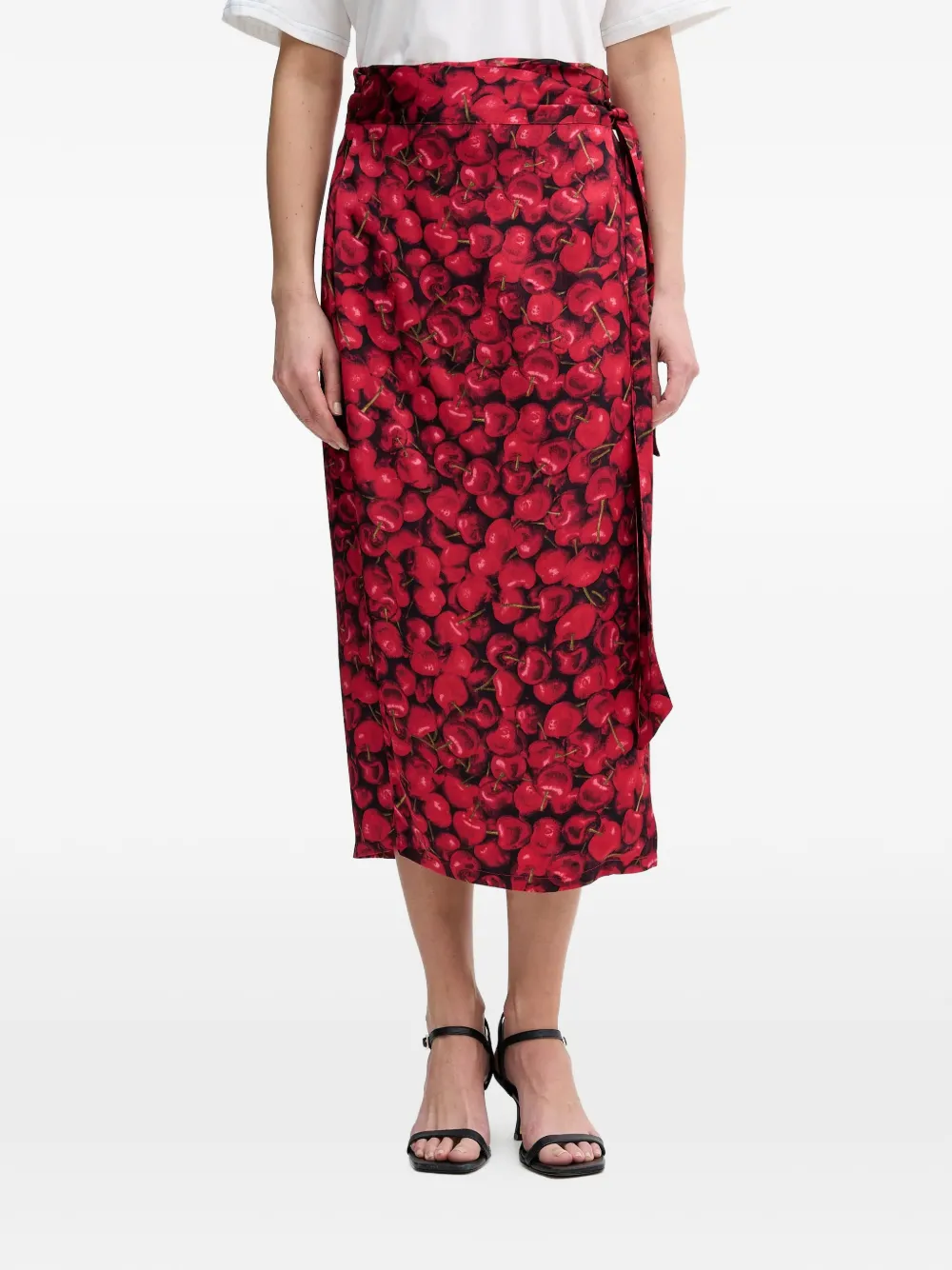 NEVER FULLY DRESSED cherry-print wrap midi skirt - Rosso
