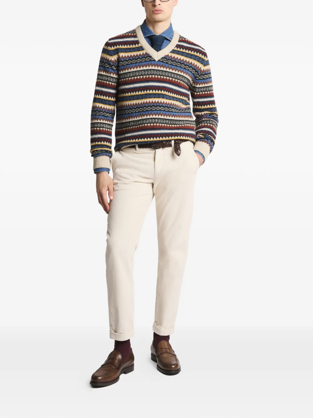 Fay jacquard V-neck sweater - Beige