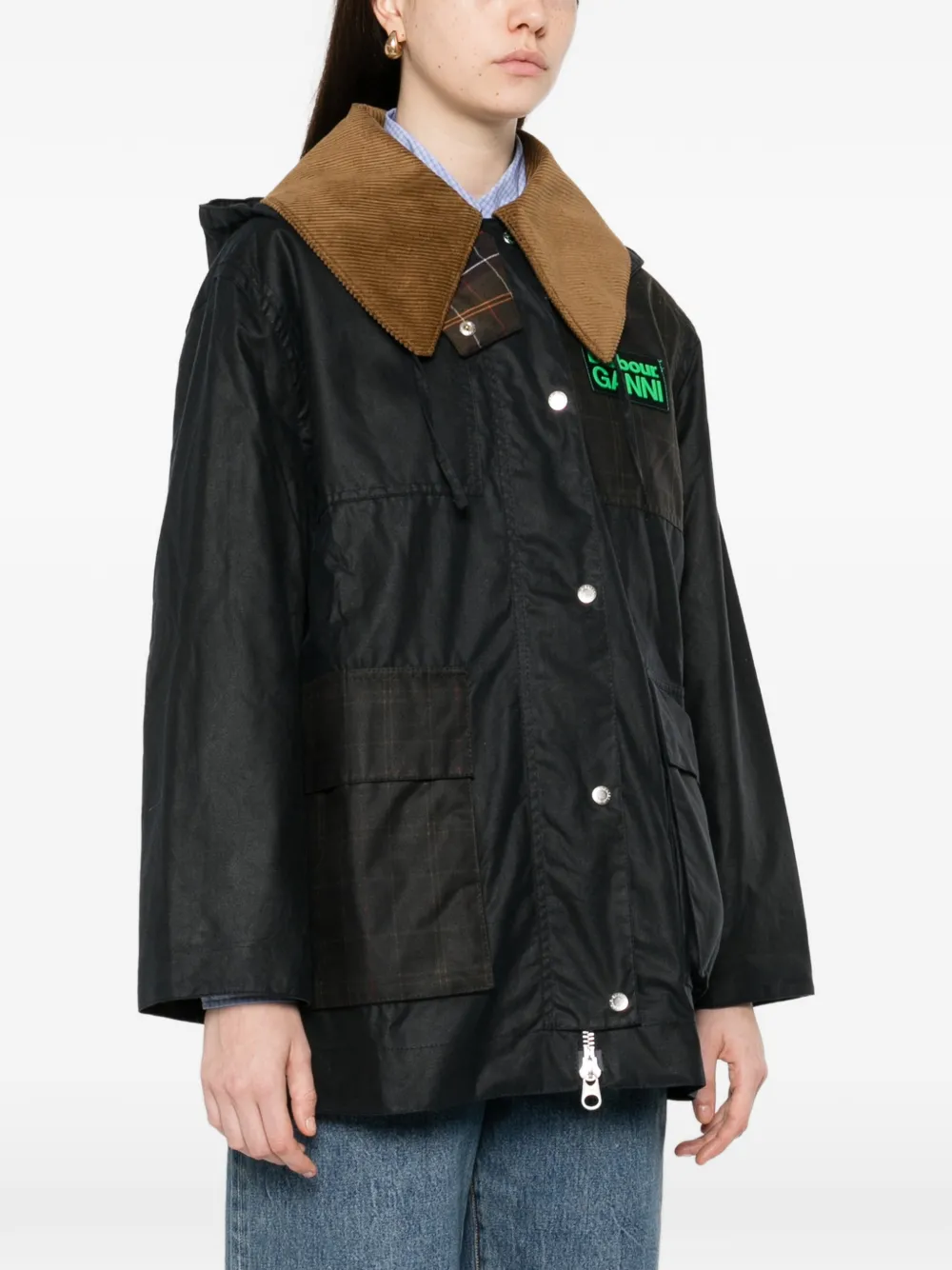 Barbour x Ganni gewaxte duffeljas Zwart