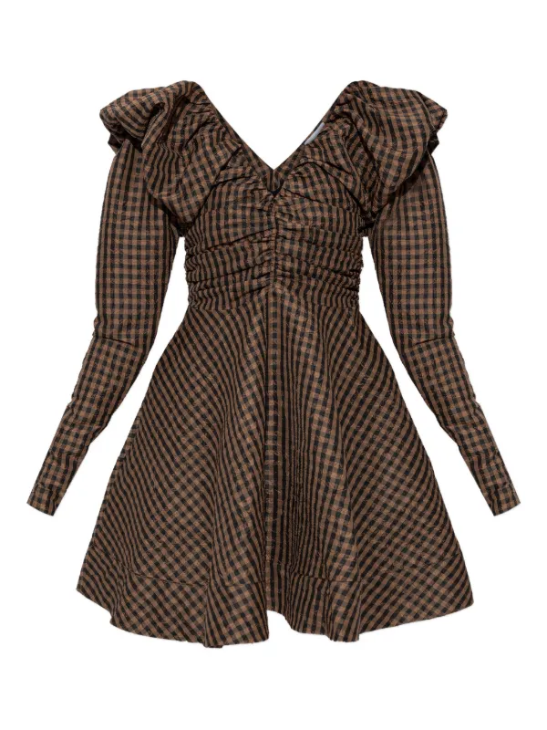 Ganni V-Neck Checked Mini Dress - Brown