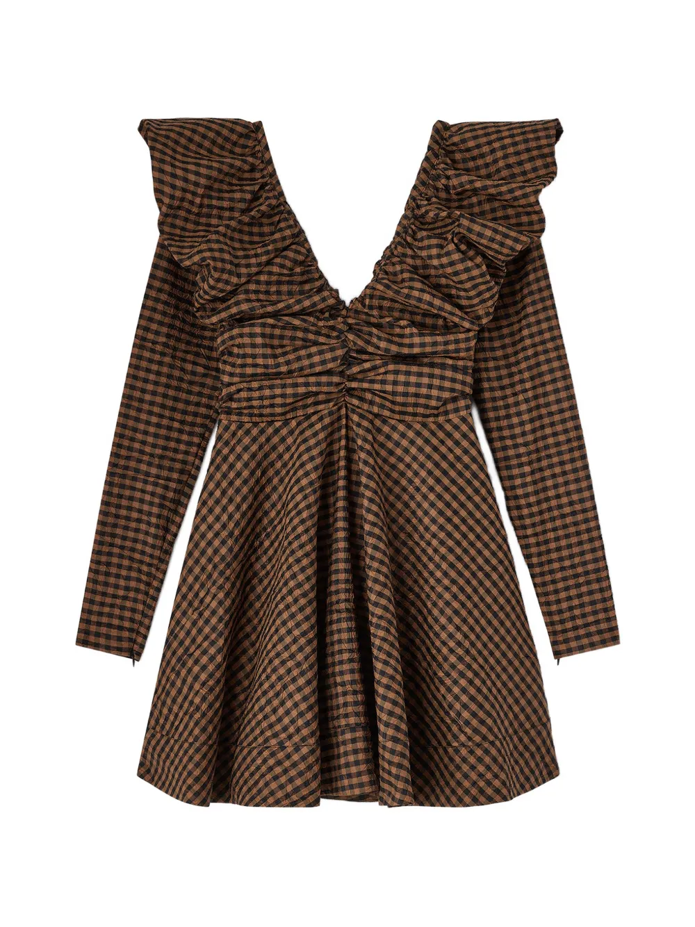 GANNI Geruite mini-jurk met V-hals Bruin