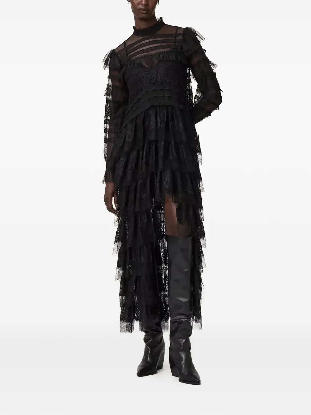 AllSaints Cavarly tiered lace maxi dress - Zwart