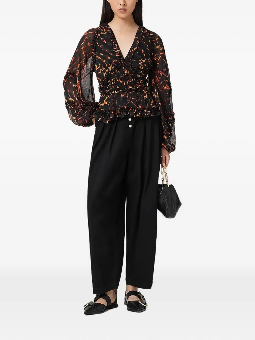 AllSaints ruffled animal-print blouse - Zwart