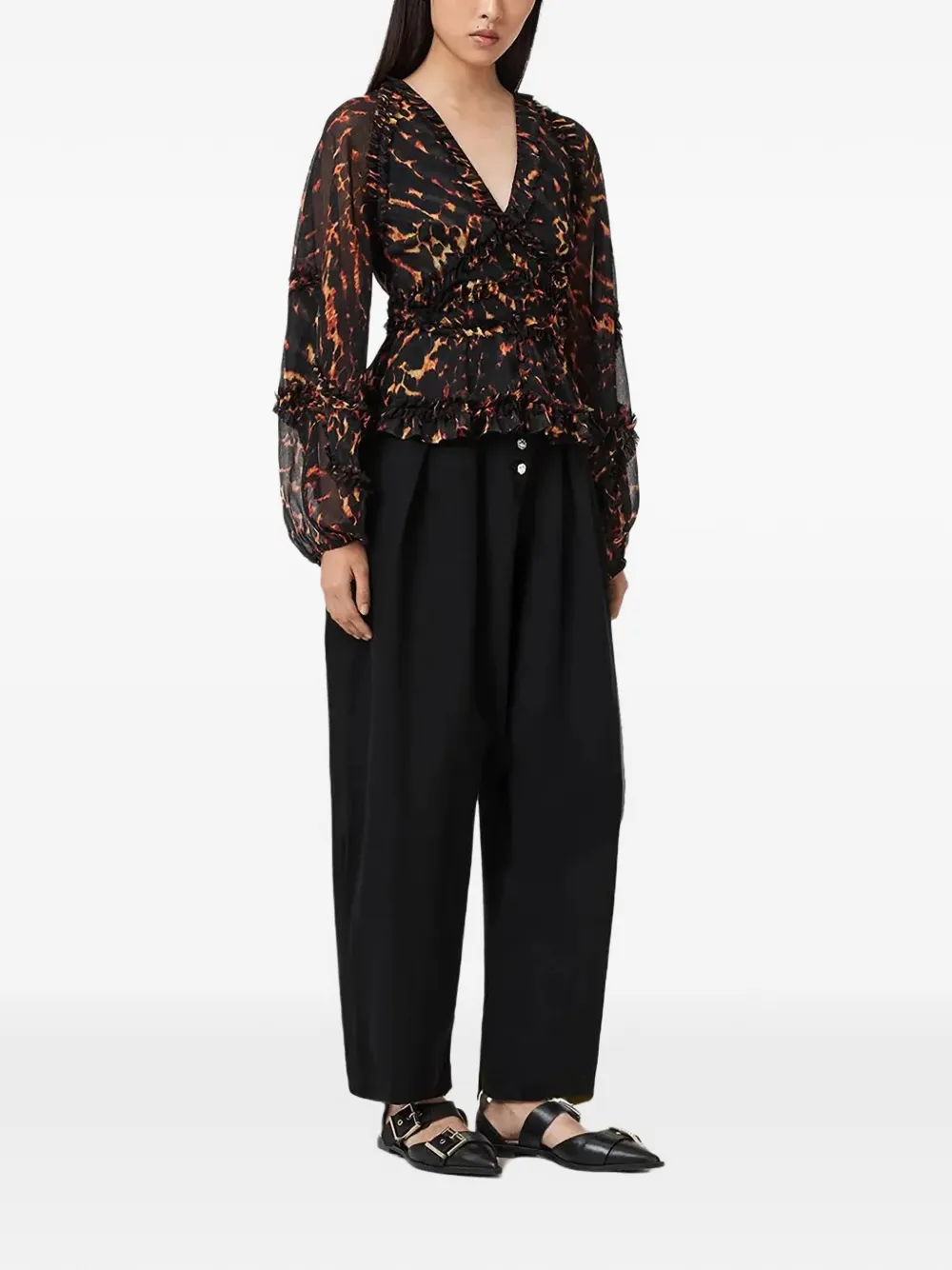  Allsaints Ruffled Animal-print Blouse - Black 