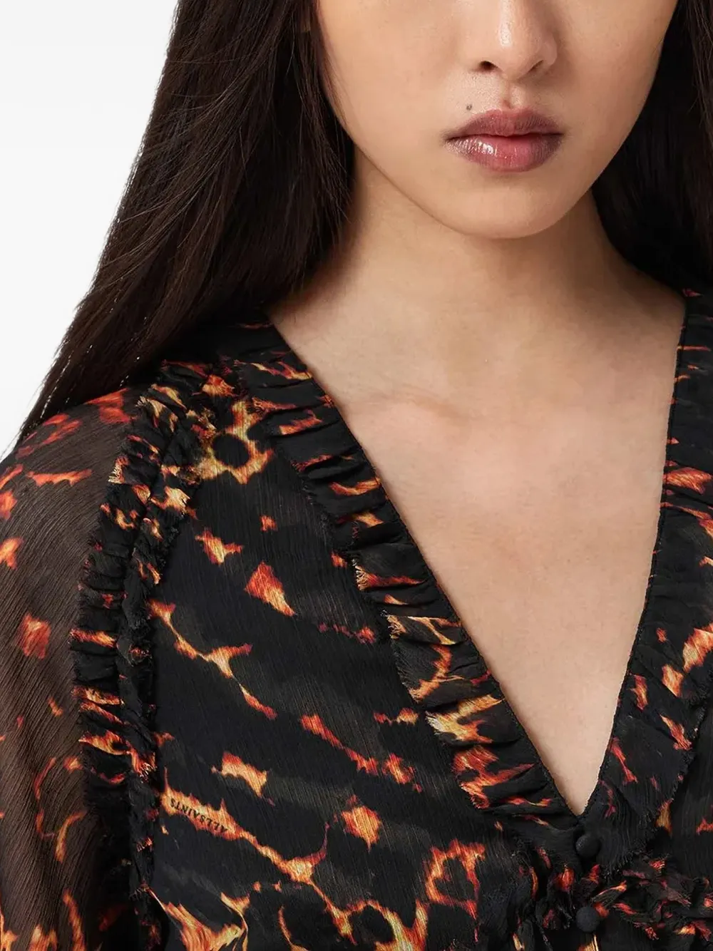 AllSaints Blouse met dierenprint en ruches Zwart