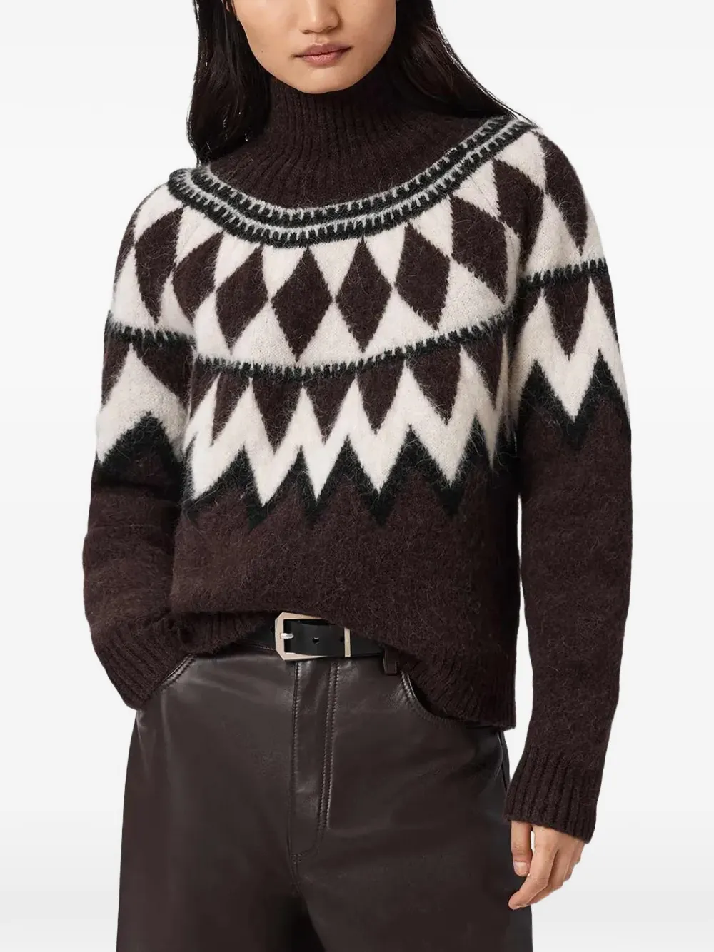 AllSaints Tara diamond-pattern roll-neck sweater - Marrone