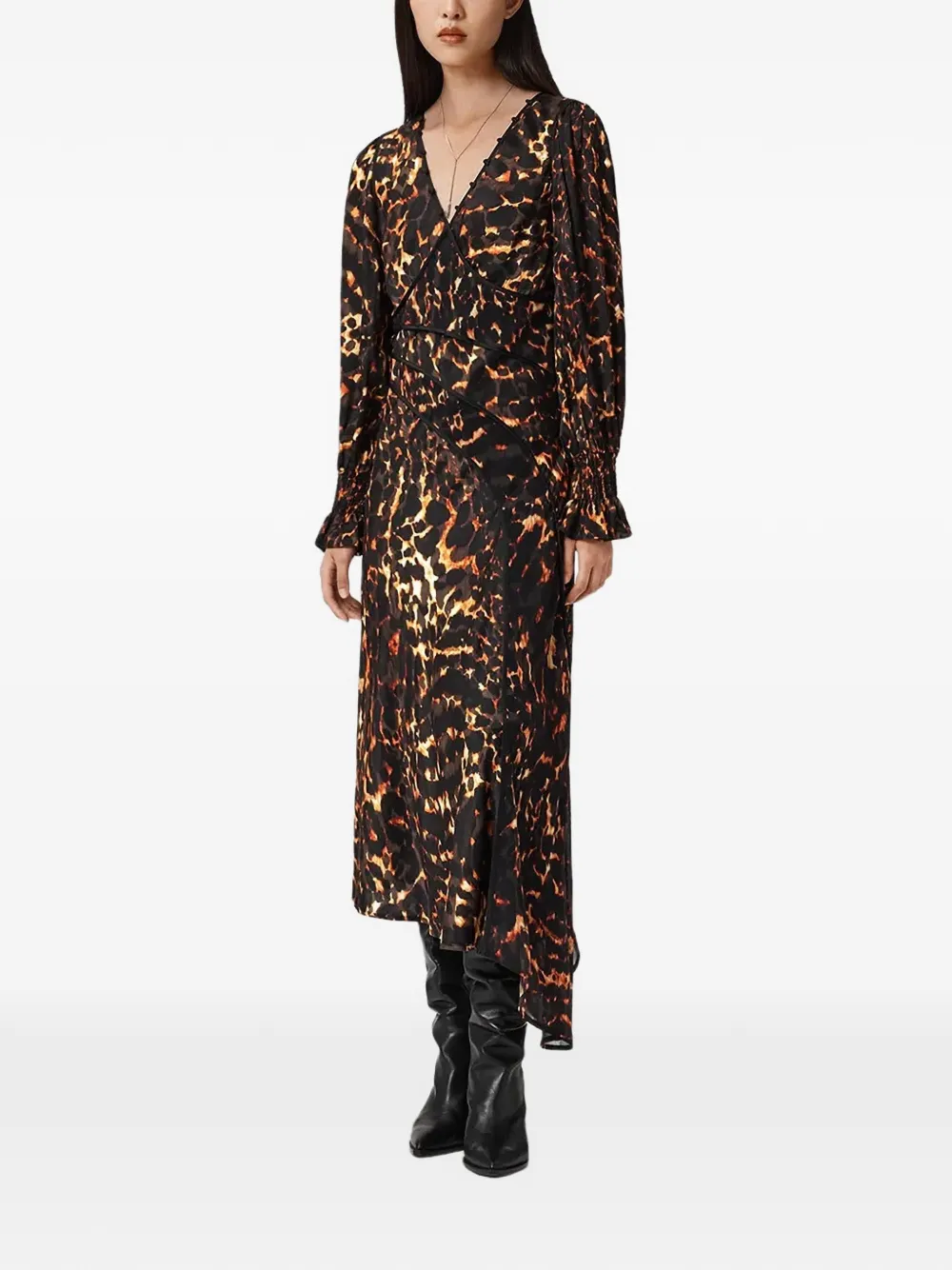 Allsaints Leopard-print V-neck Mid Dress In Animal Print