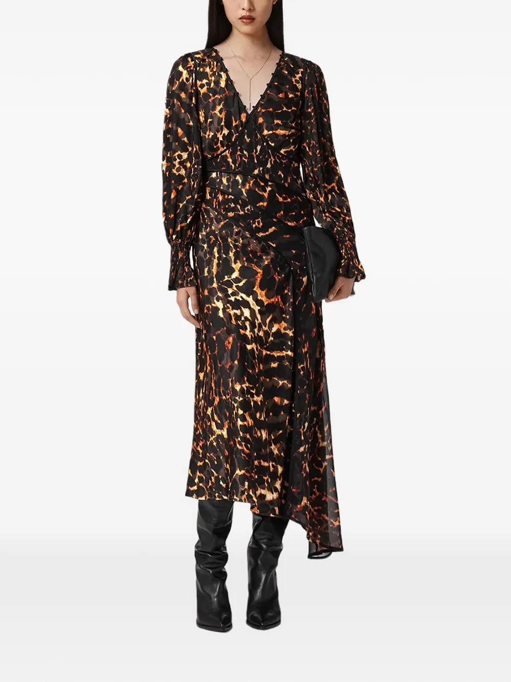 Allsaints Leopard-print V-neck Mid Dress In Animal Print