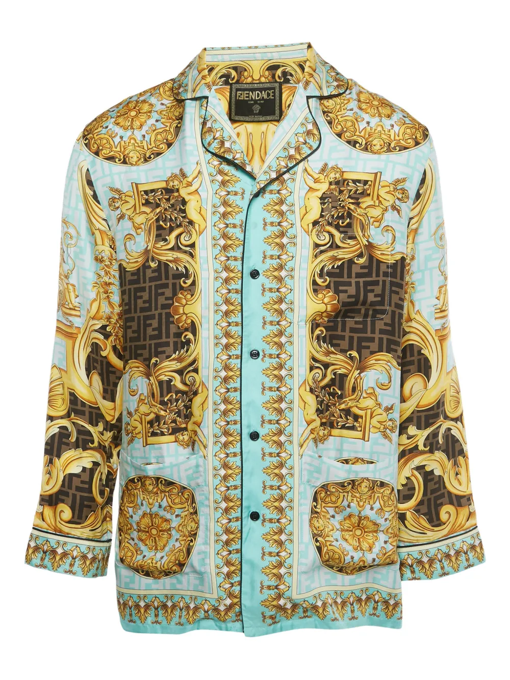 Pre-owned Fendi X Versage Baroque Aqua Silk Shirt In Blue