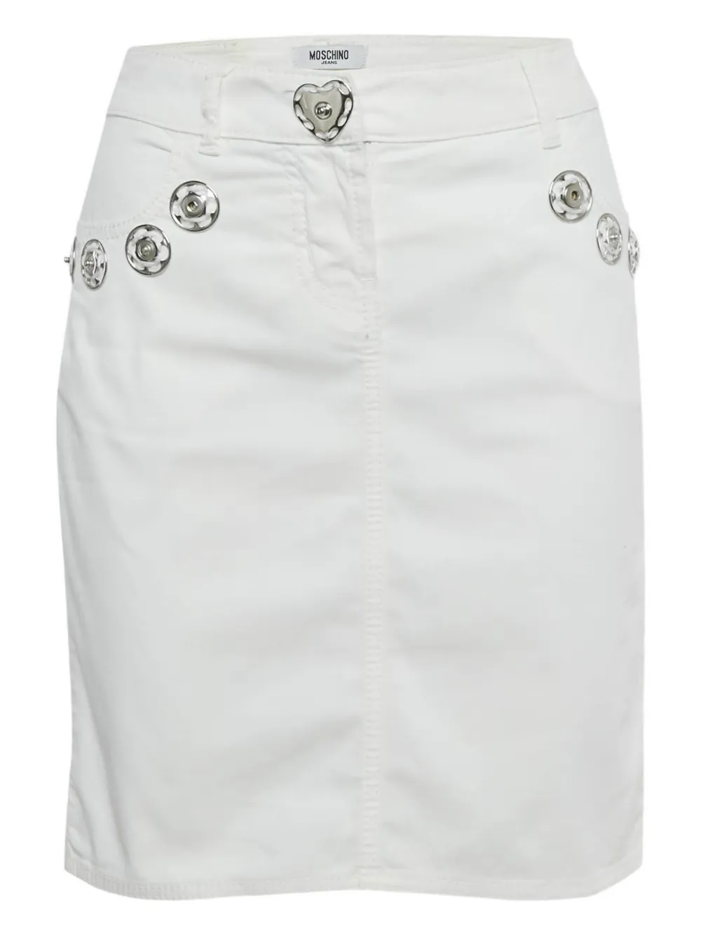 Pre-owned Moschino Denim Button Pencil Skirt In White