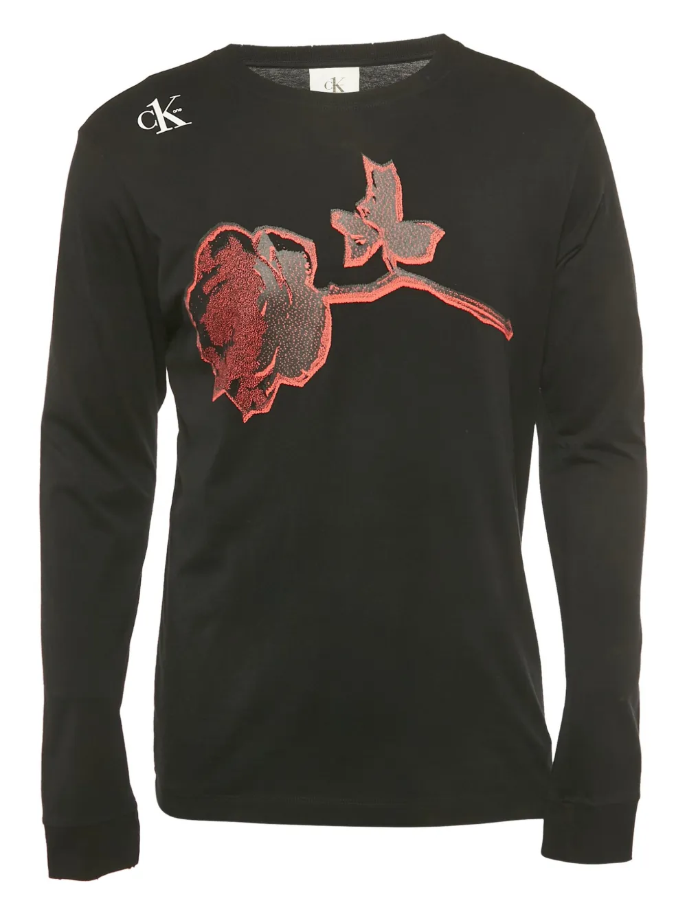 Pre-owned Calvin Klein Vintage Rose-print Long-sleeve T-shirt In Black
