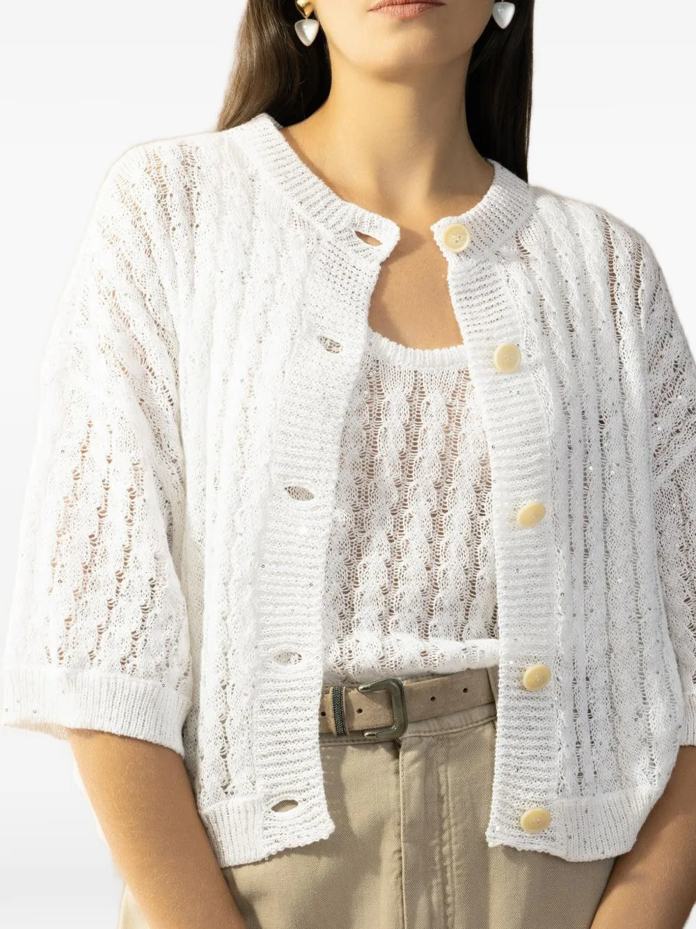 Brunello Cucinelli Kabelgebreid vest met knoop Wit