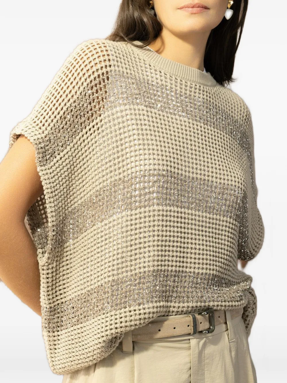 Brunello Cucinelli Gestreepte top met ronde hals Beige