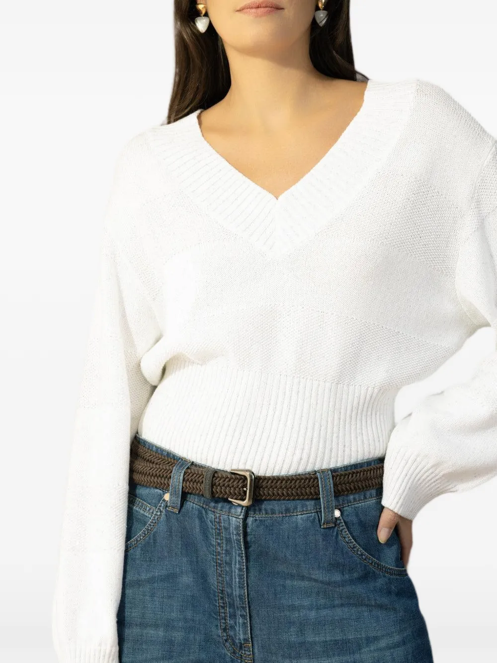 Brunello Cucinelli Long-sleeve V-neck Sweater - White 