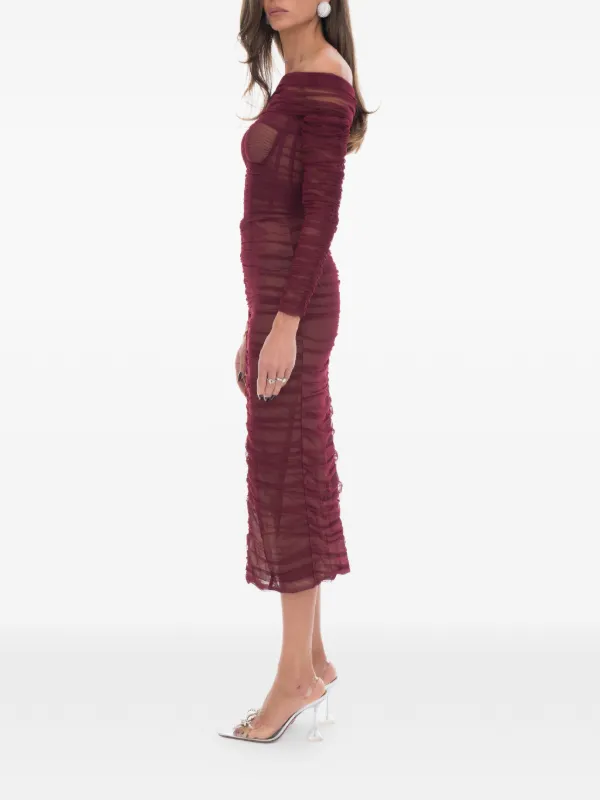 red off the shoulder ruched dress Eurydice Red Off Shoulder Ruched High Slit Maxi Dress, M / Red