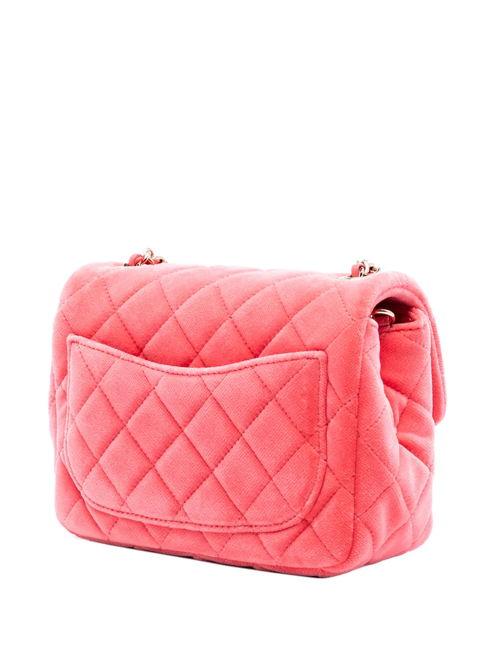 Chanel Pre-owned 2020 Mini Square Classic Velvet Pearl Crush Single Flap Crossbody Bag in Pink, view 3