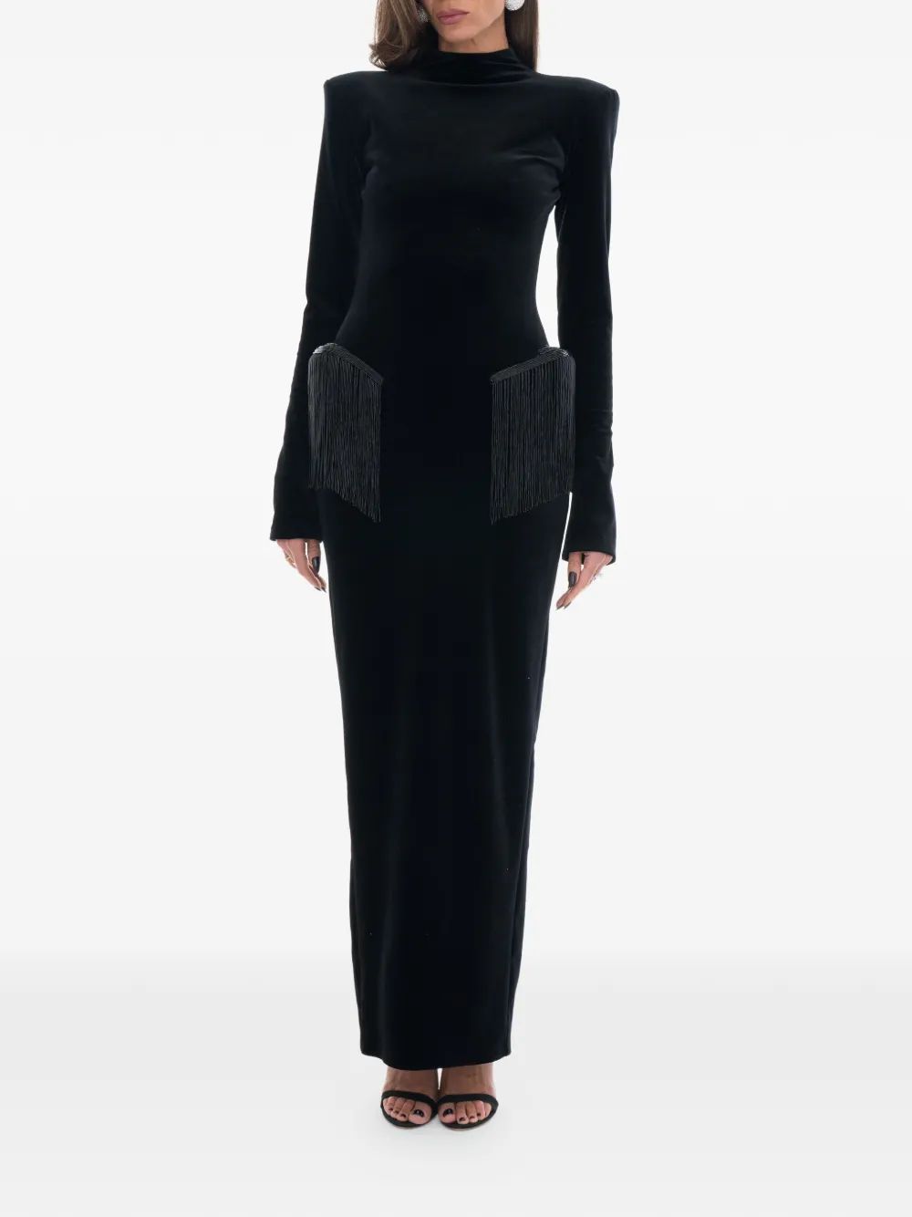 Ana Radu long-sleeve fringed dress - Zwart