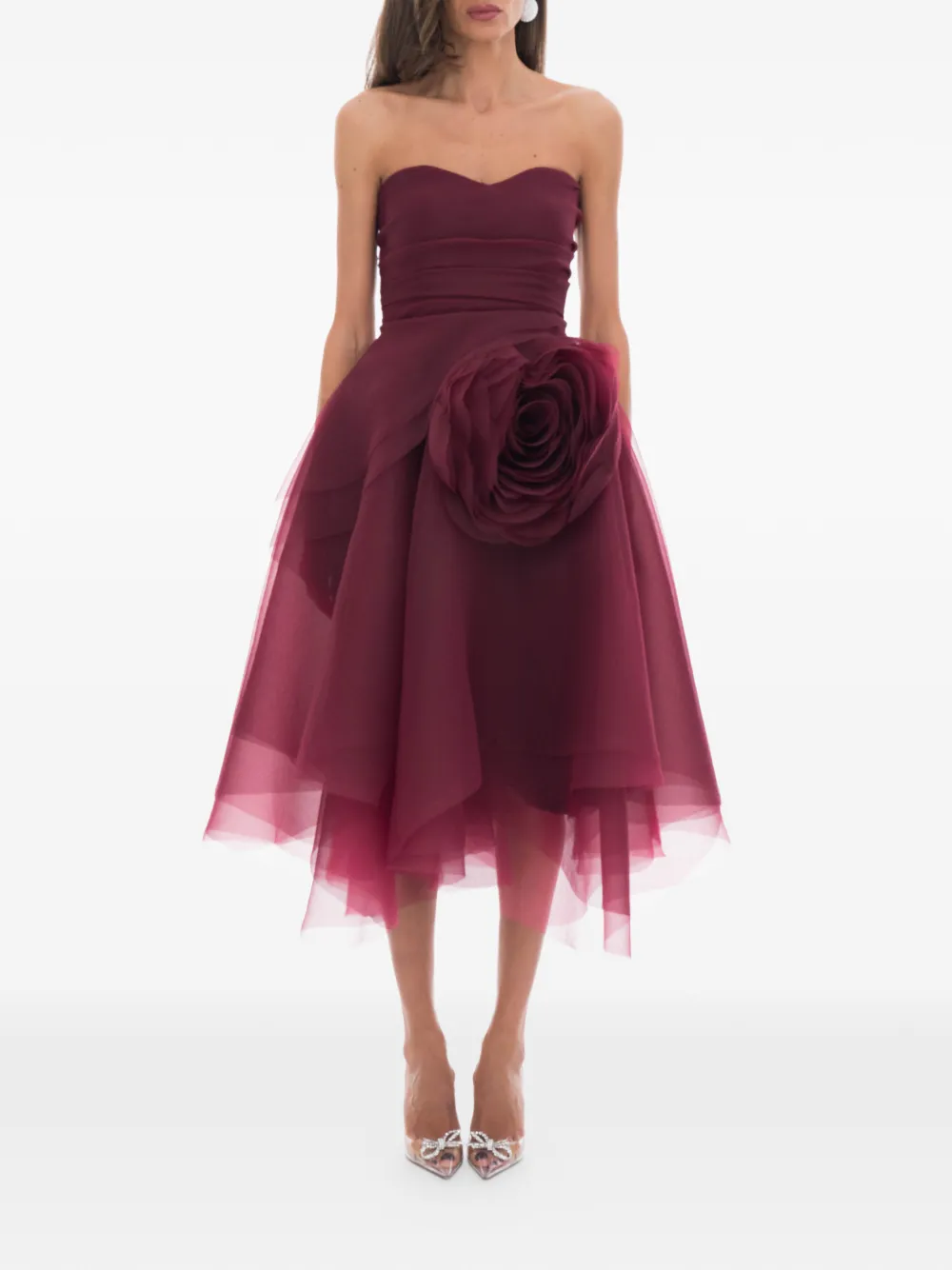 Ana Radu floral-appliqué strapless dress - Rood