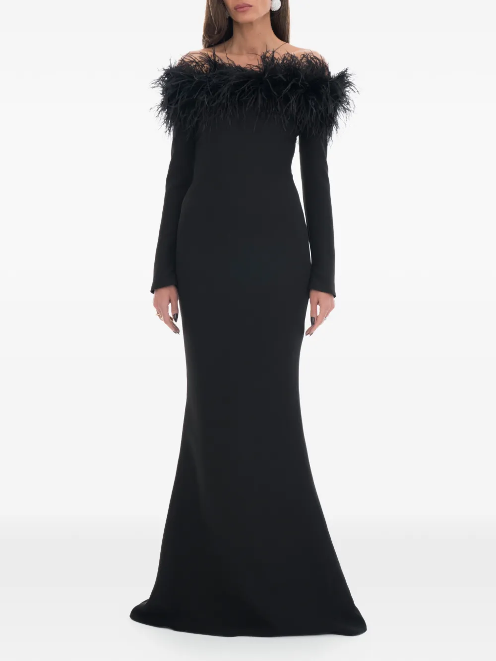 Ana Radu off-shoulder feather-trim gown - Zwart