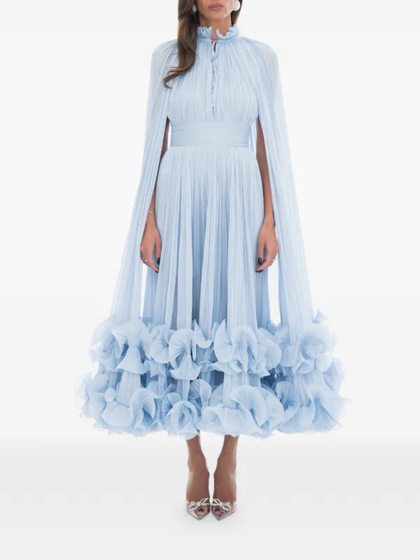 blue ruffle cape dress V Neck Cape Sleeve Ruffle Loose Fit Vacation Mini Dresses-Blue