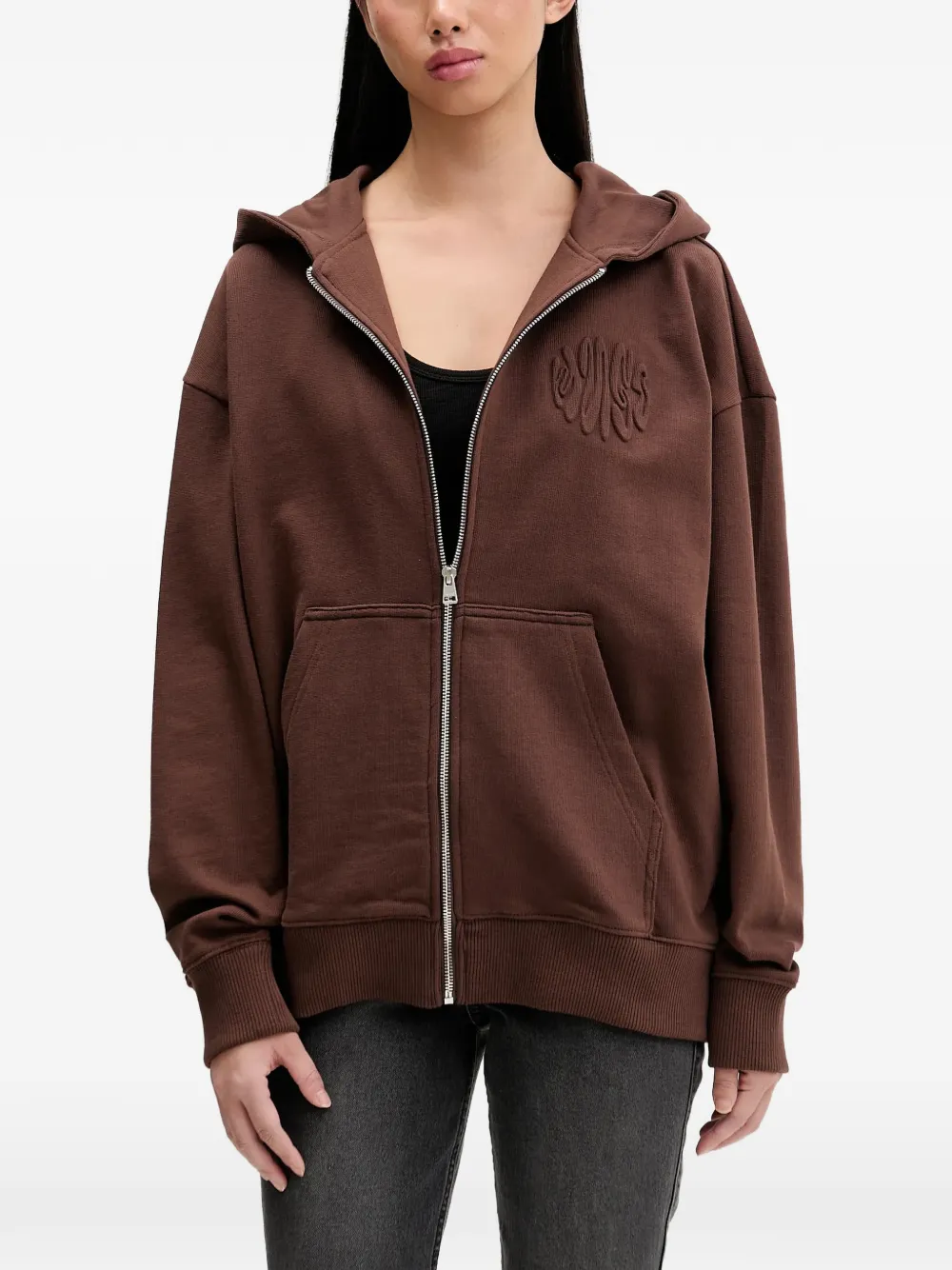 HUGO embossed zip-up hoodie - Brown