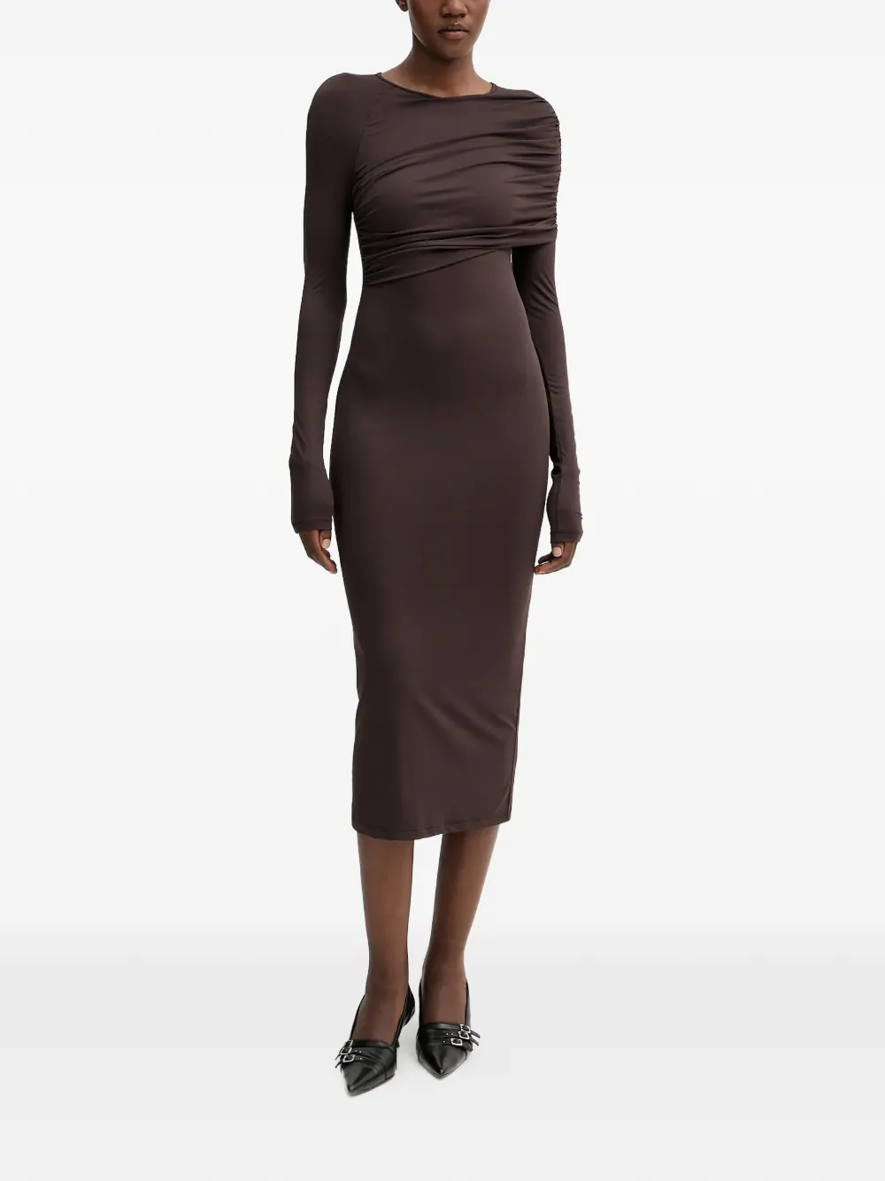 Aniye By Mavis draped long-sleeved midi dress - Marrone