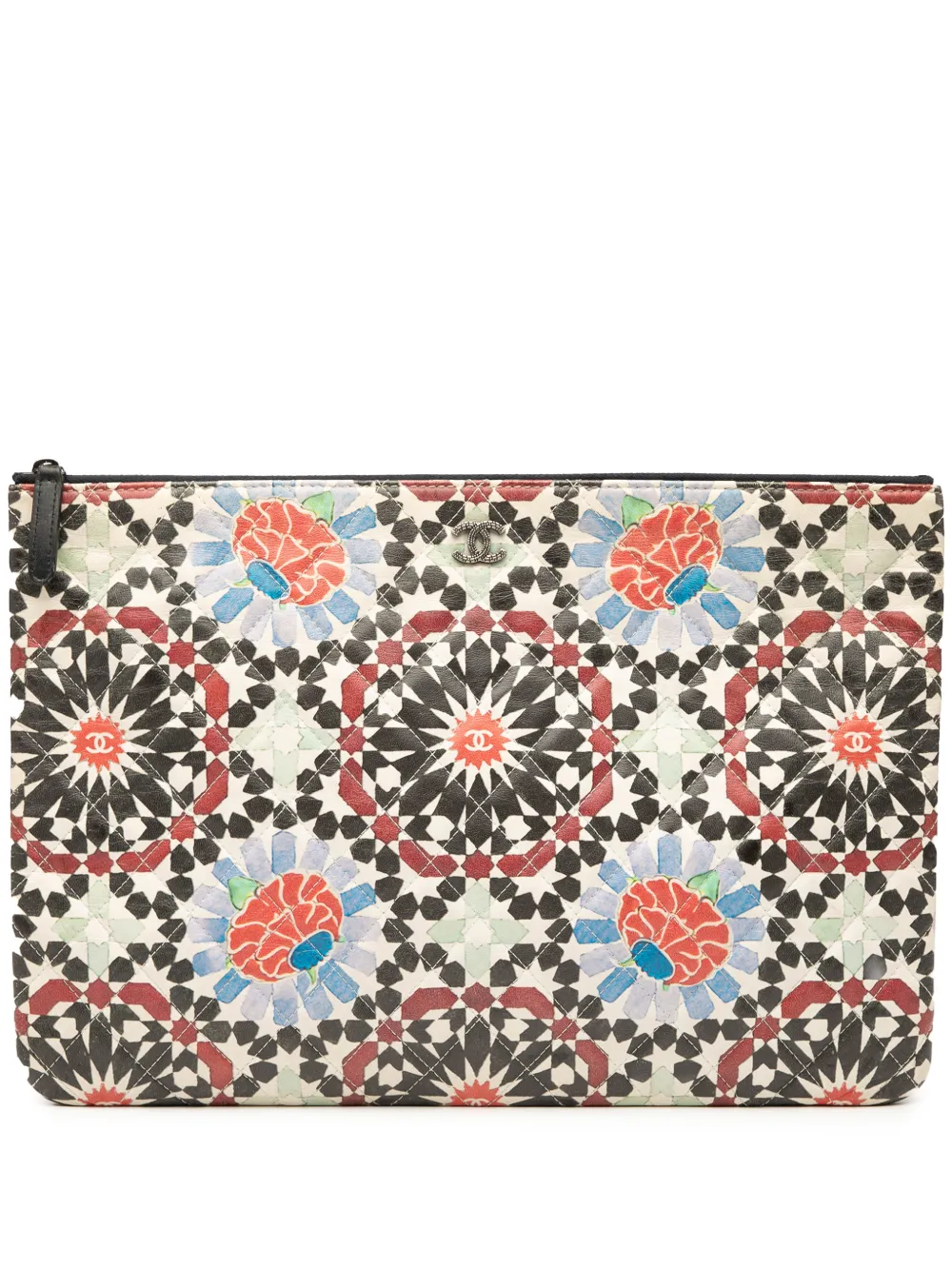 Pre-owned Chanel 2014-2015 Paris Dubai Large Printed Lambskin Cosmetic Case Clutch Bag In Multi