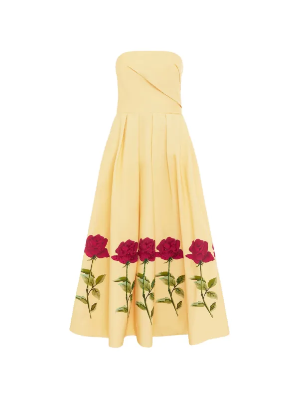 Leo Lin Strapless Rose Print Dress in Yellow