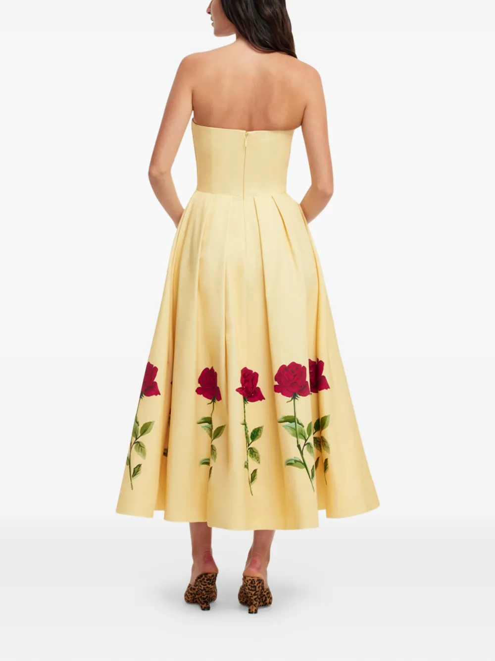 Leo Lin Strapless jurk met roosprint Geel