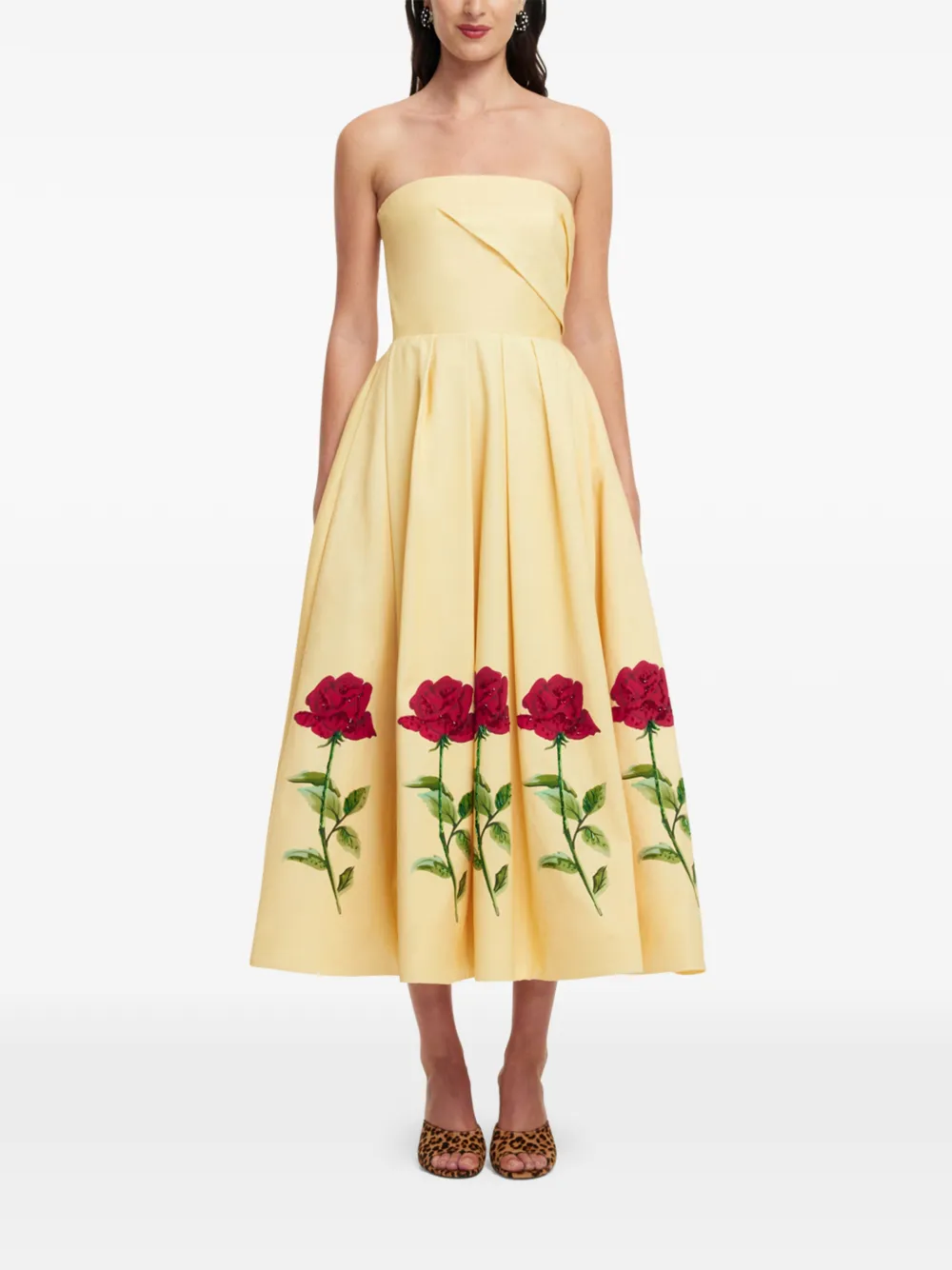 Leo Lin Strapless jurk met roosprint Geel