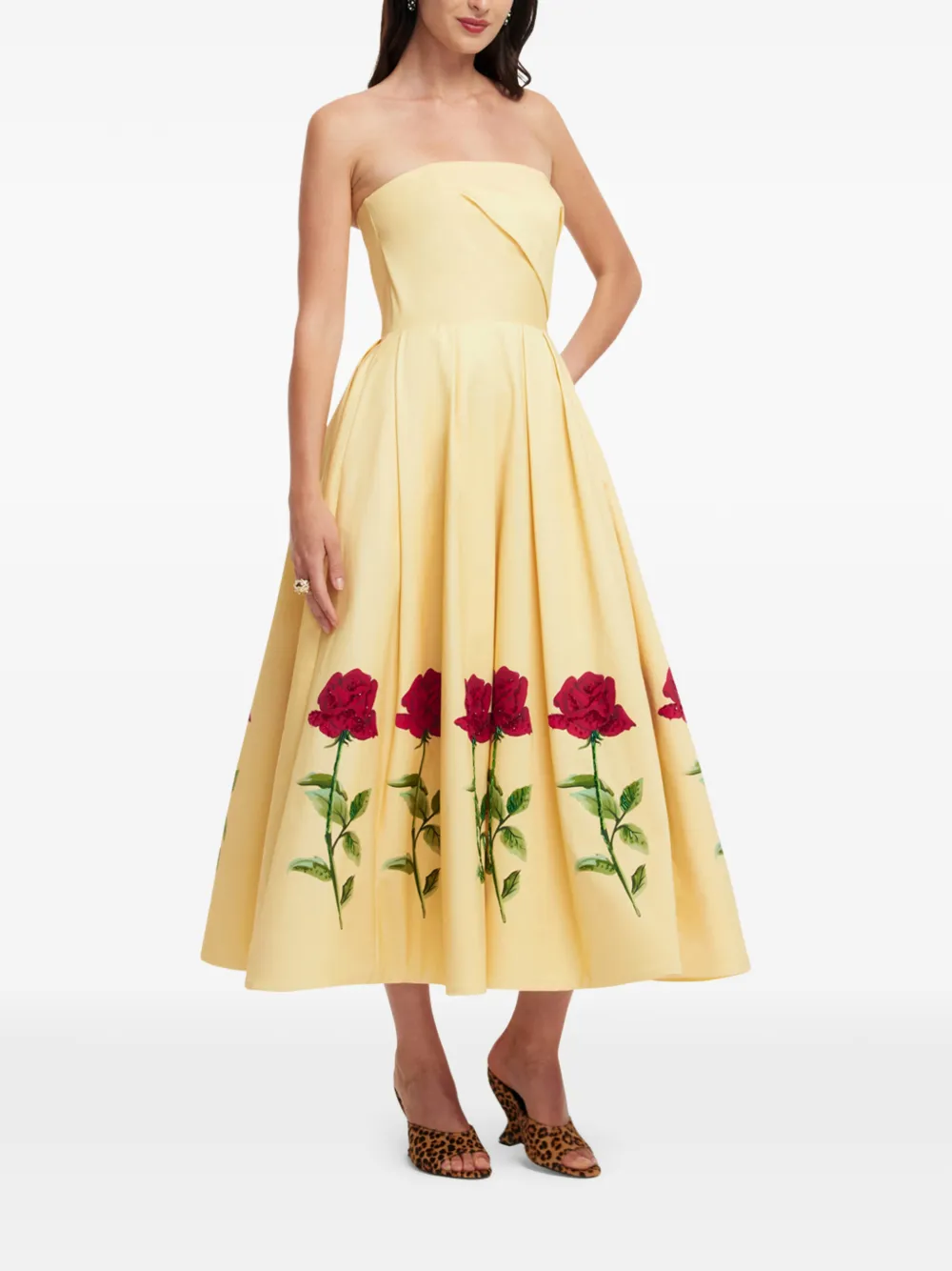 Leo Lin Strapless jurk met roosprint Geel