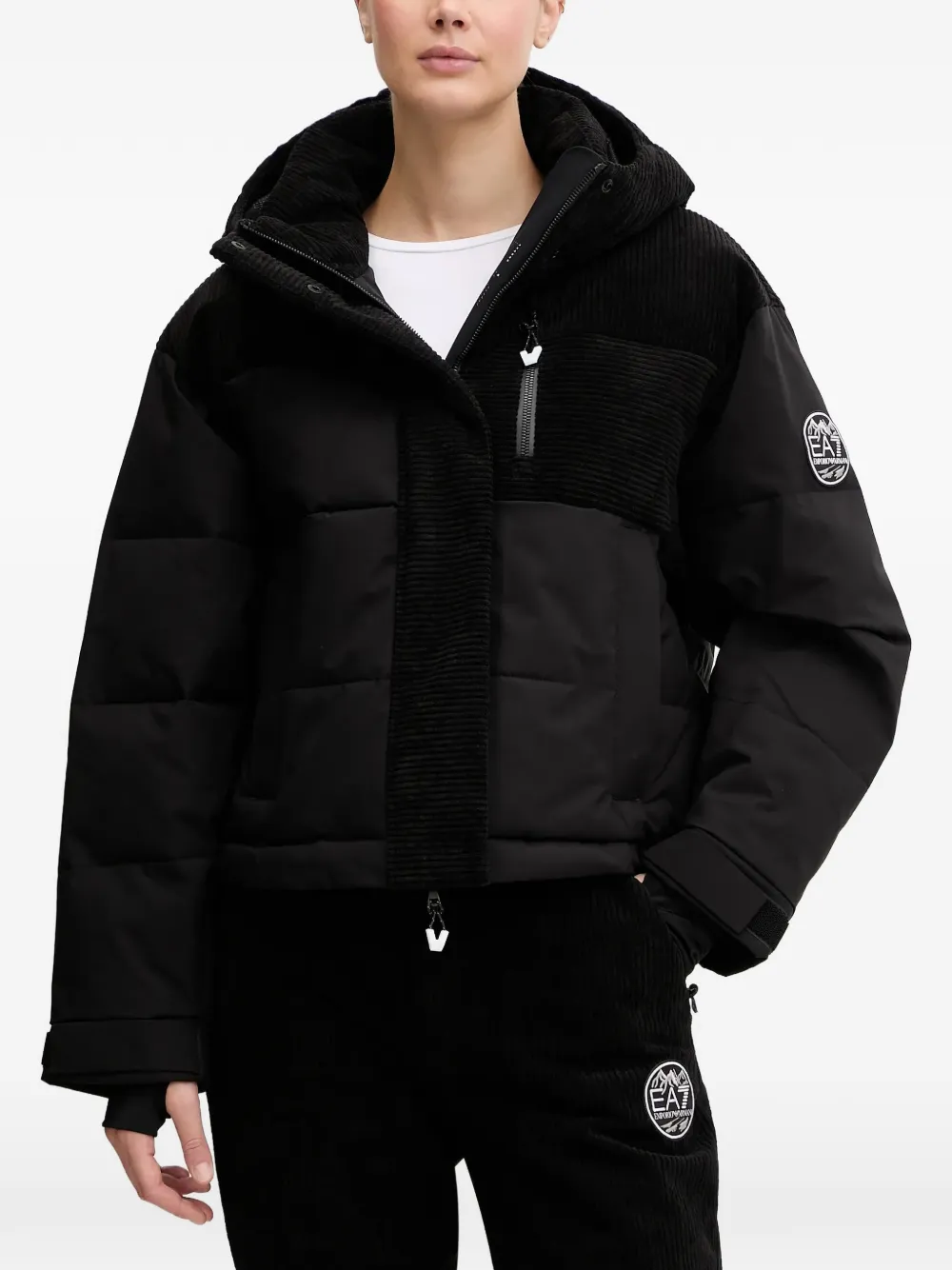 Ea7 Emporio Armani Kapuzen-Skijacke mit Corddetail - Schwarz