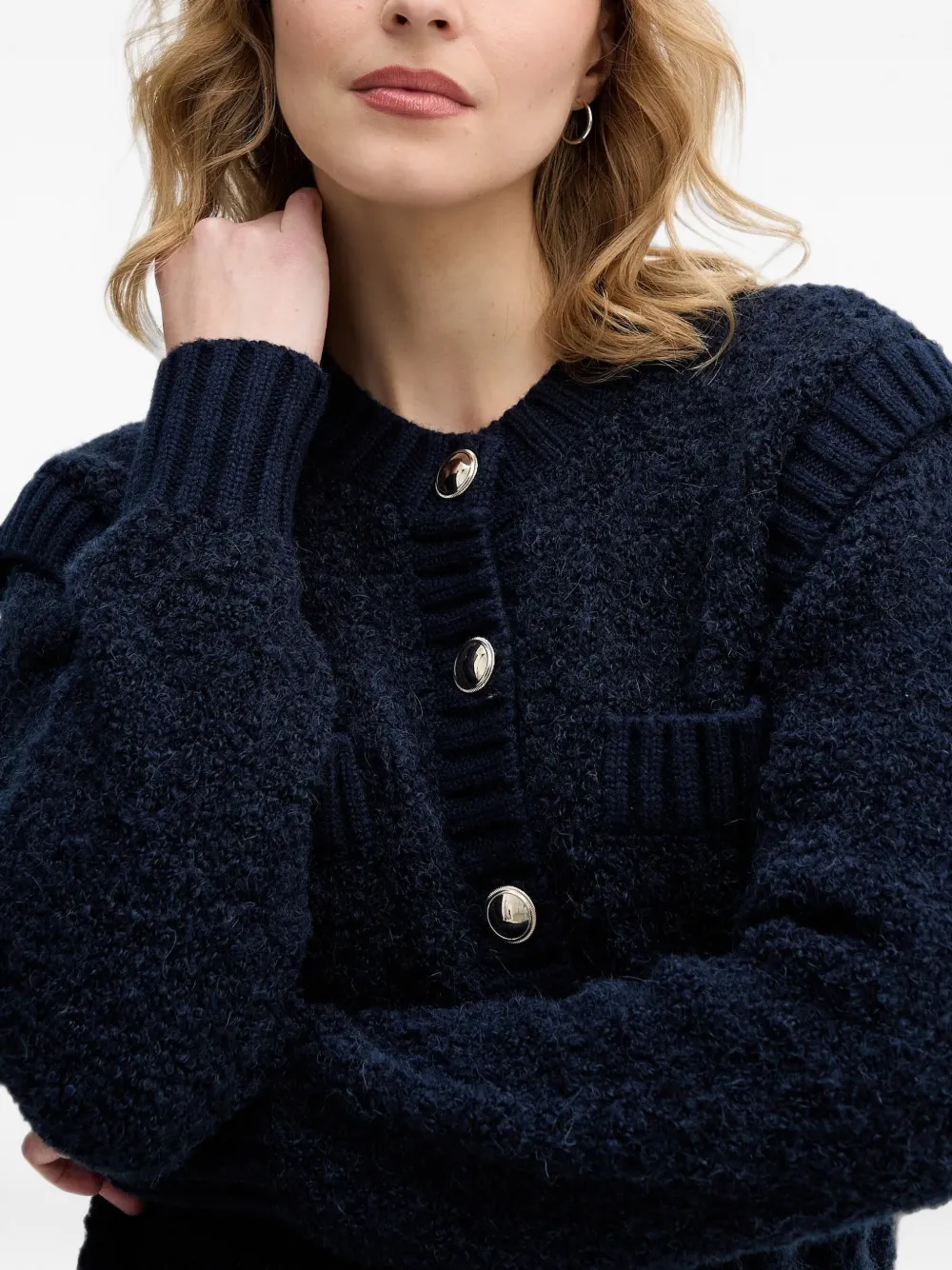 Sisley Bouclé gebreid vest met knopen Blauw