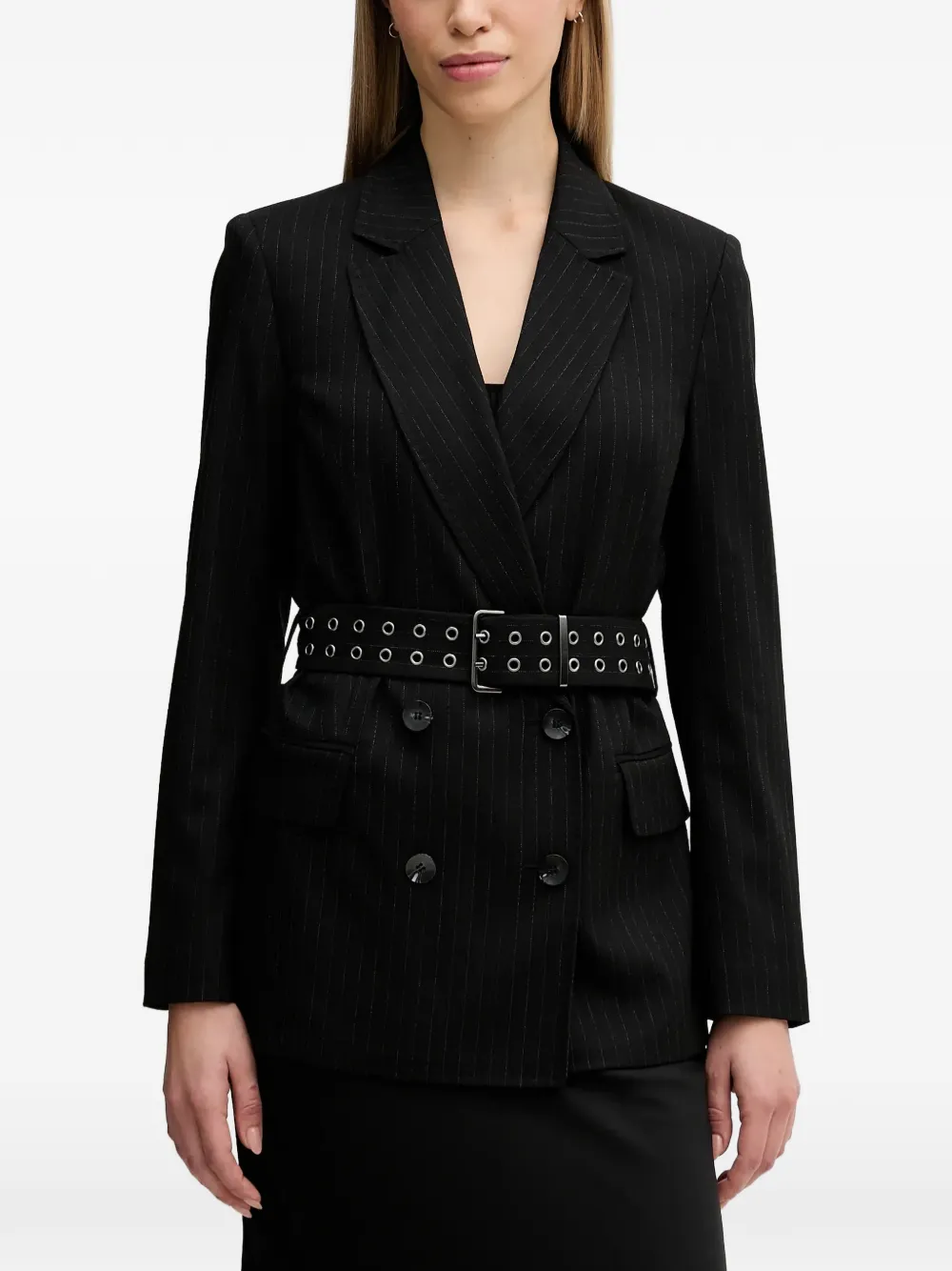 Sisley pinstripe belted V-neck jacket - Nero