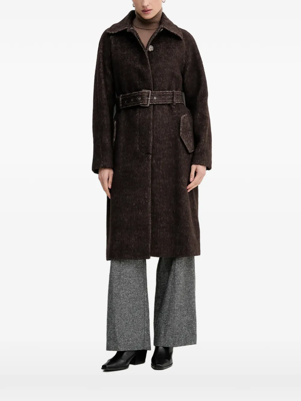 Sisley belted collared single-breasted coat - Marrone